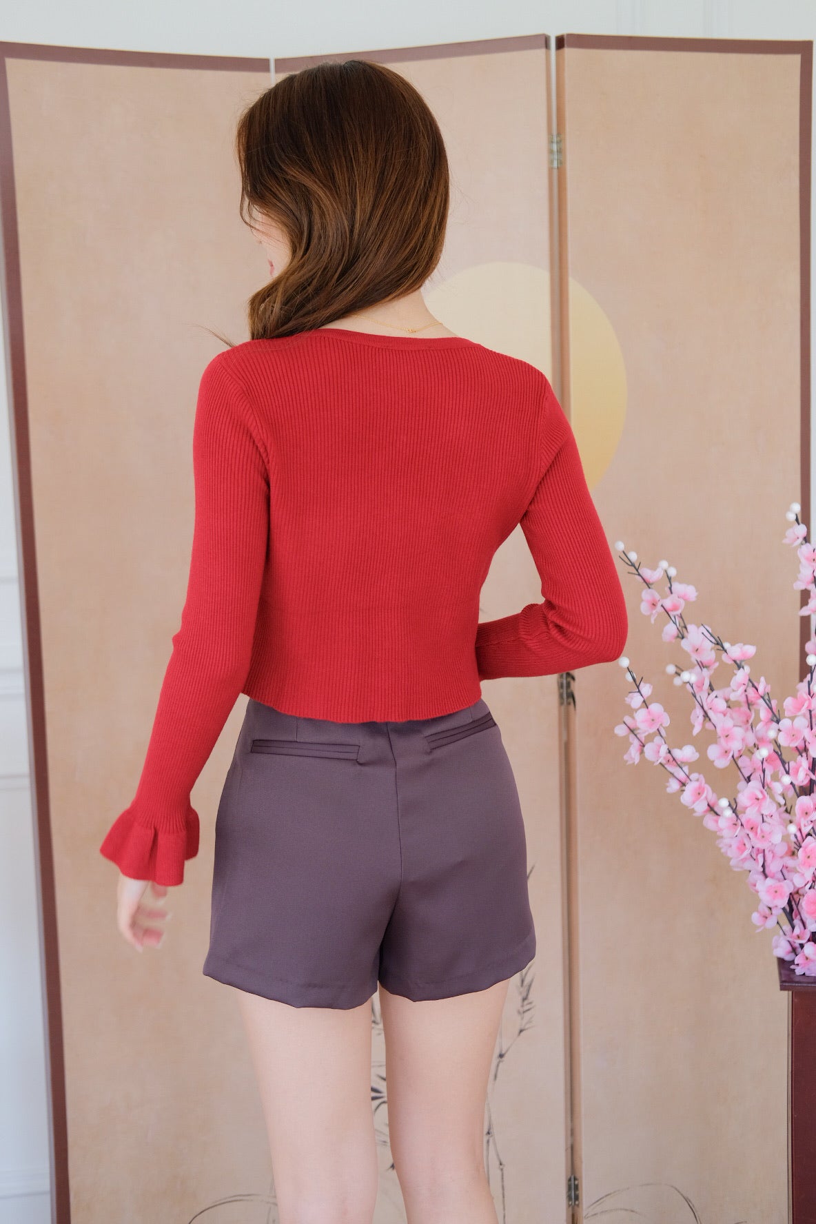 Corrine Bell Sleeves Cropped Cardigan (Wine)