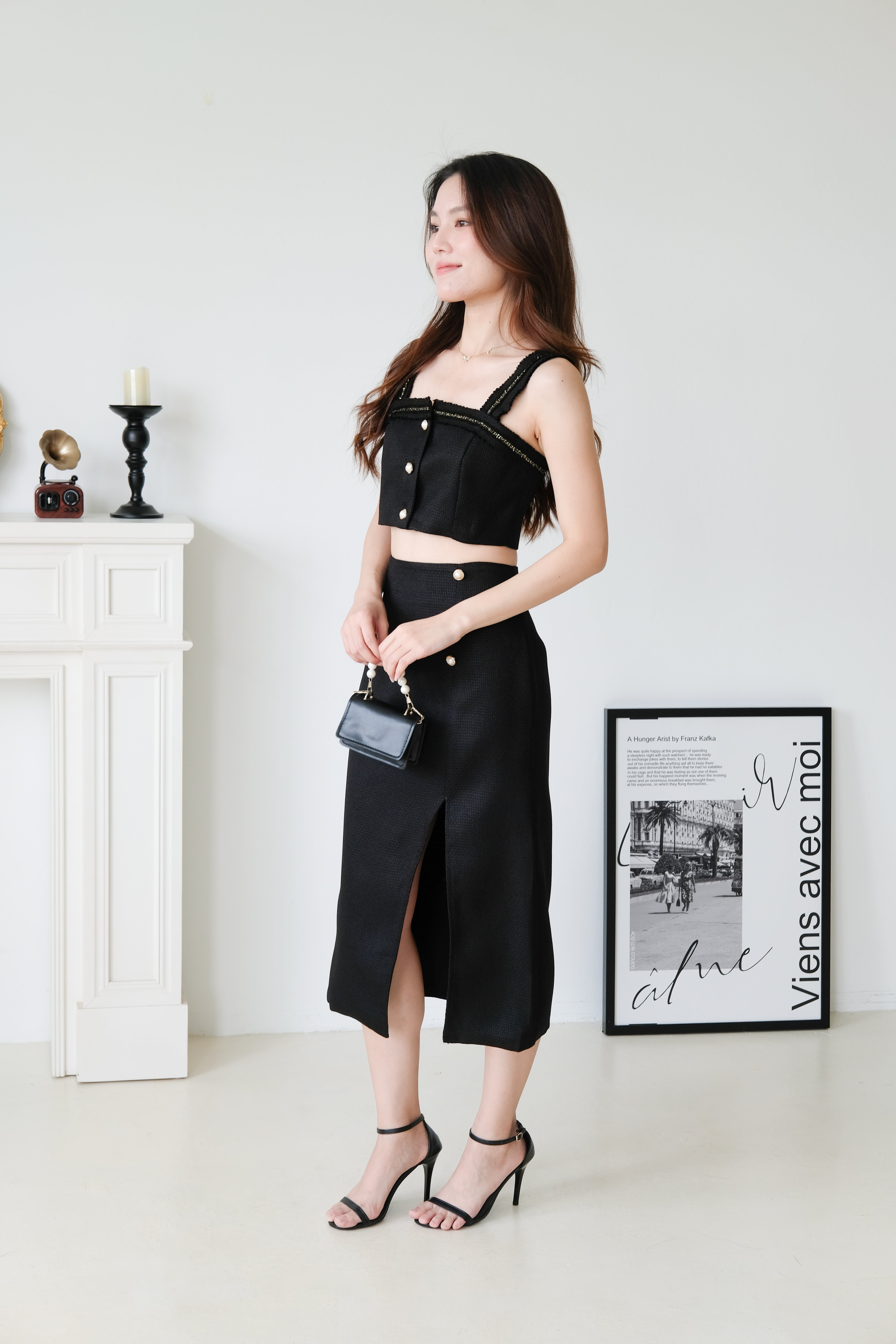 Jillian Tweed Side Slit Midi Set (Black)