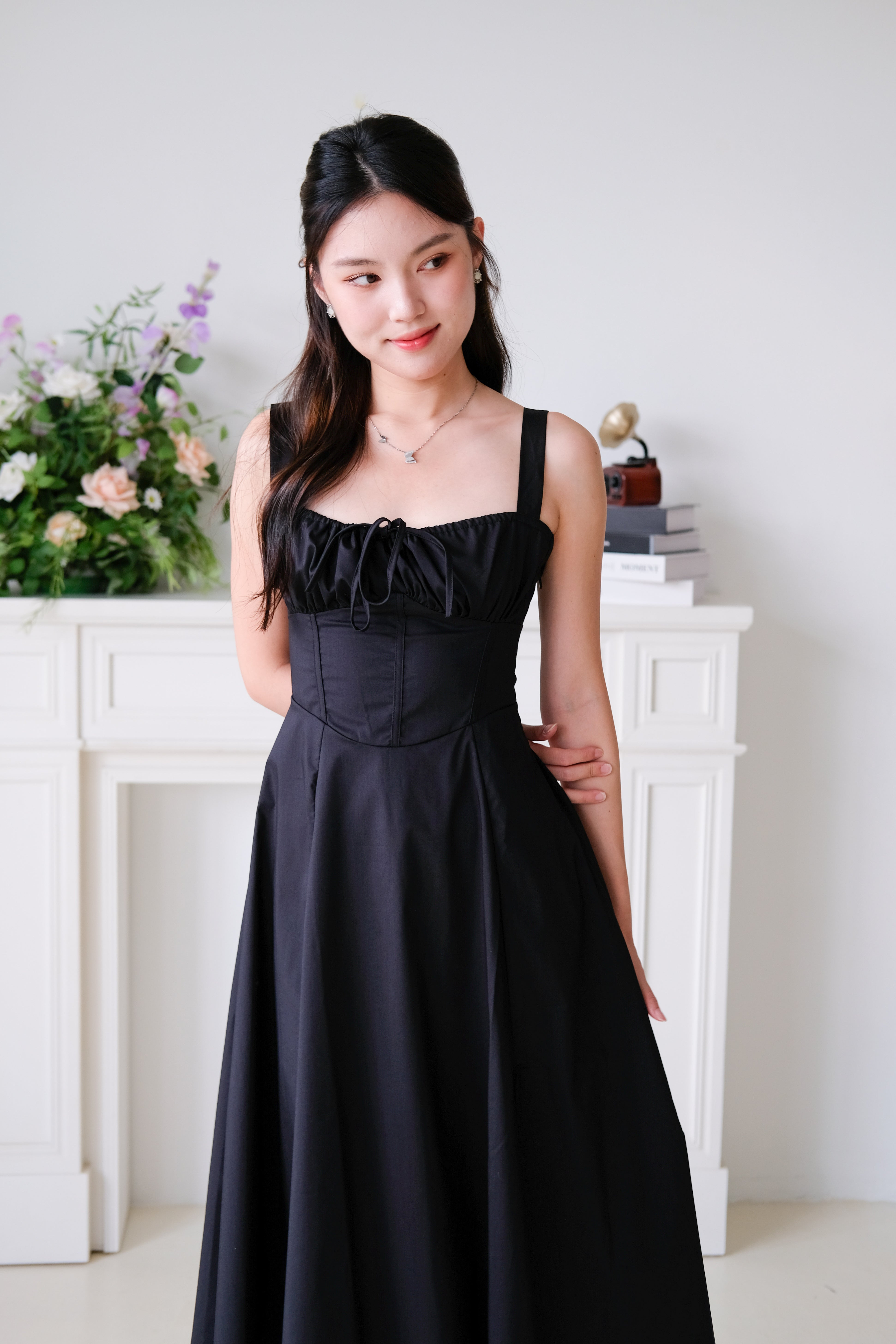 Claire Ruched Slit Midaxi Dress (Black)