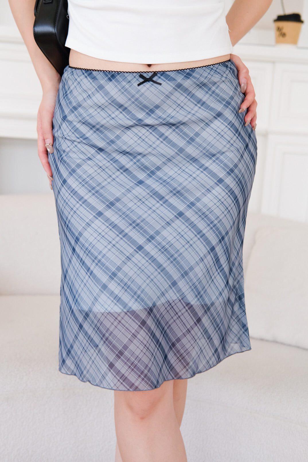 Clarise Mini Bow Knee Length Flare Skirt (Tartan Blue)