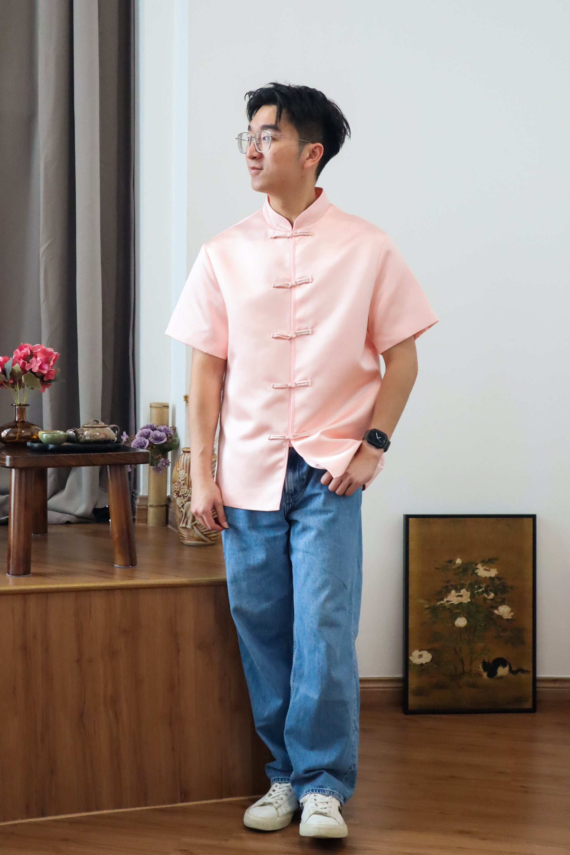 玉树临风 Feng Button Men Samfu (Silk Pink)