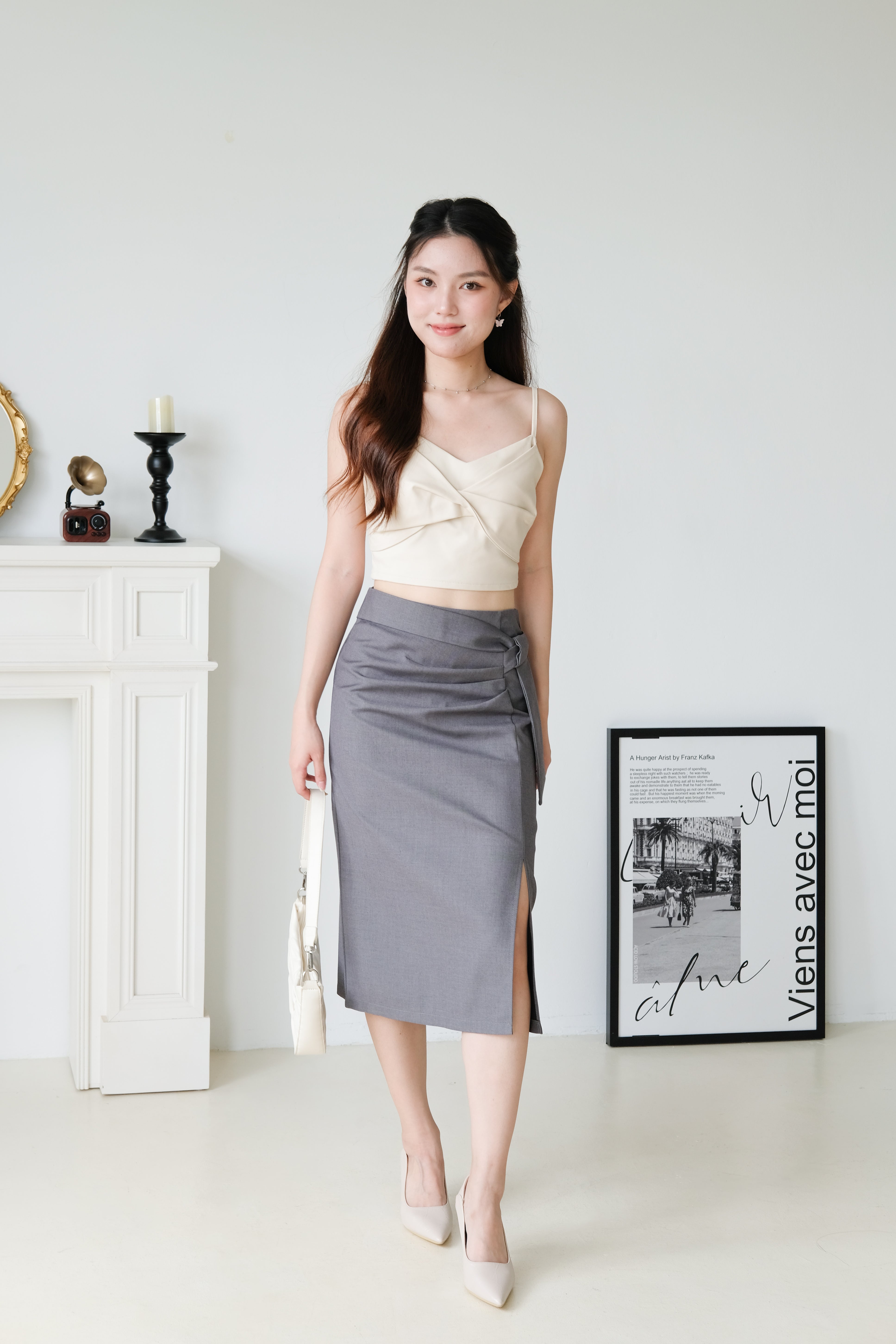 Addie Side Ruched Pencil Skirt (Grey)