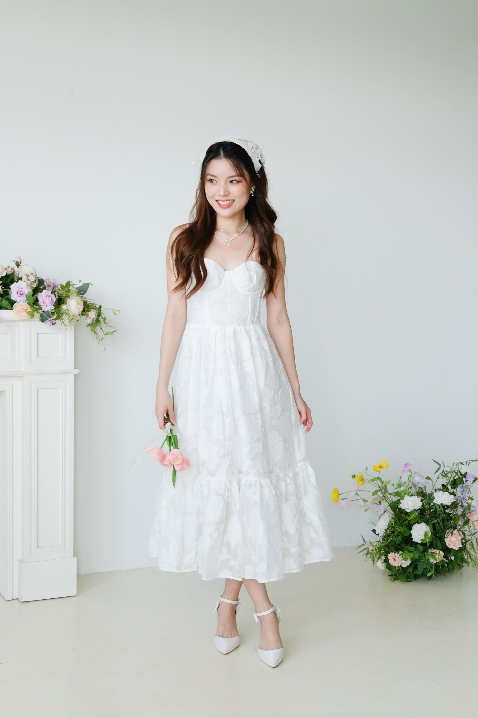 Natalia Floral Organza Midaxi Dress (White)