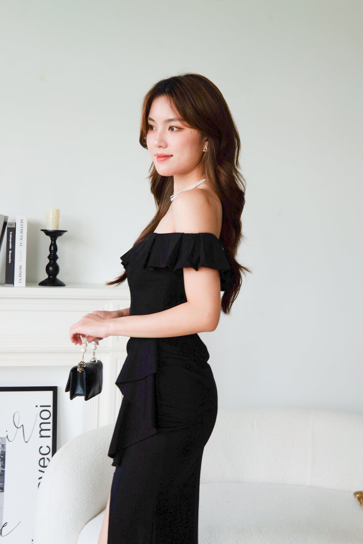 Dione Off Shoulder Slit Dinner Maxi Dress (Black)
