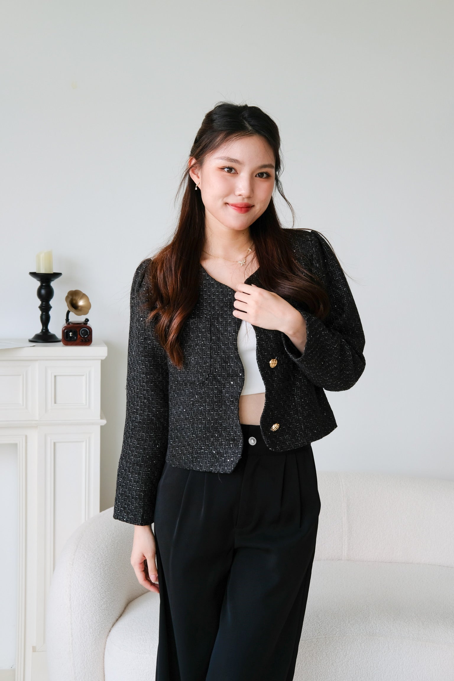 Jennie Wavy Tweed Outerwear (Black)