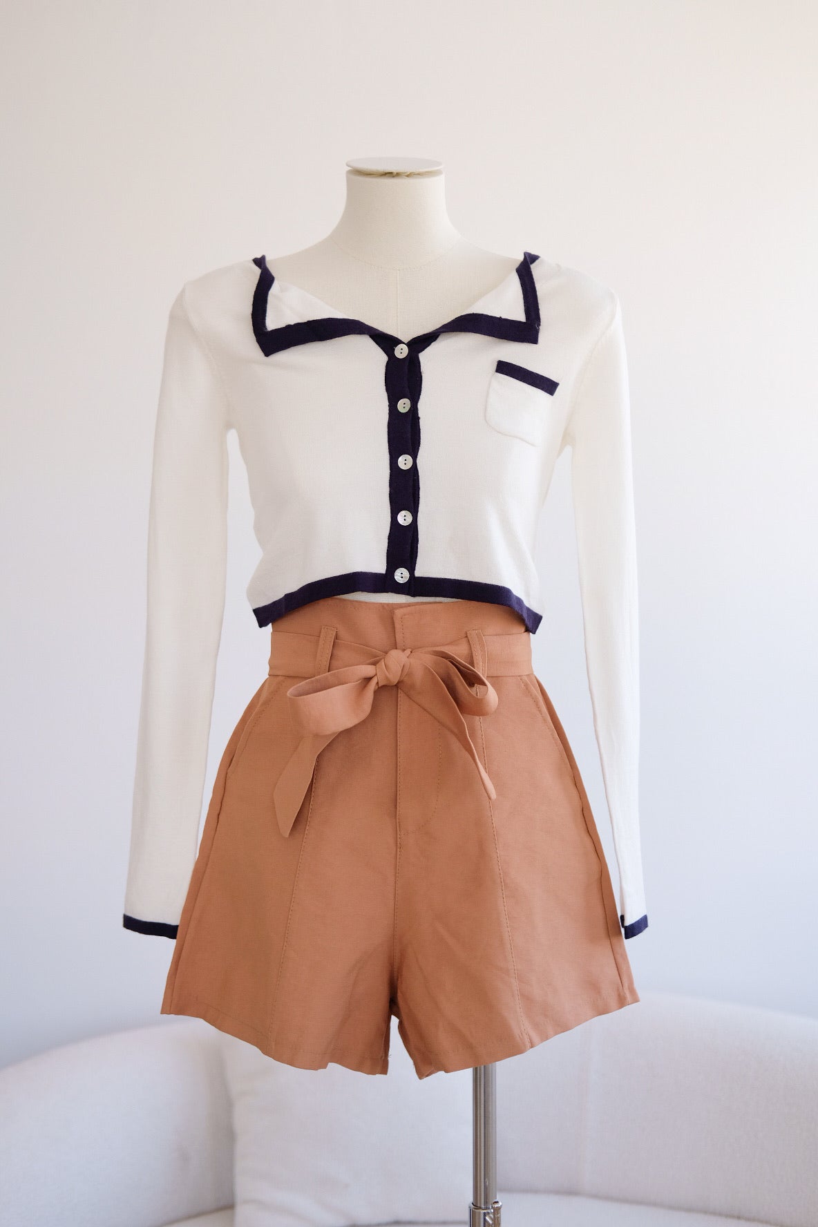 White Soft Contrast Long Sleeves Top