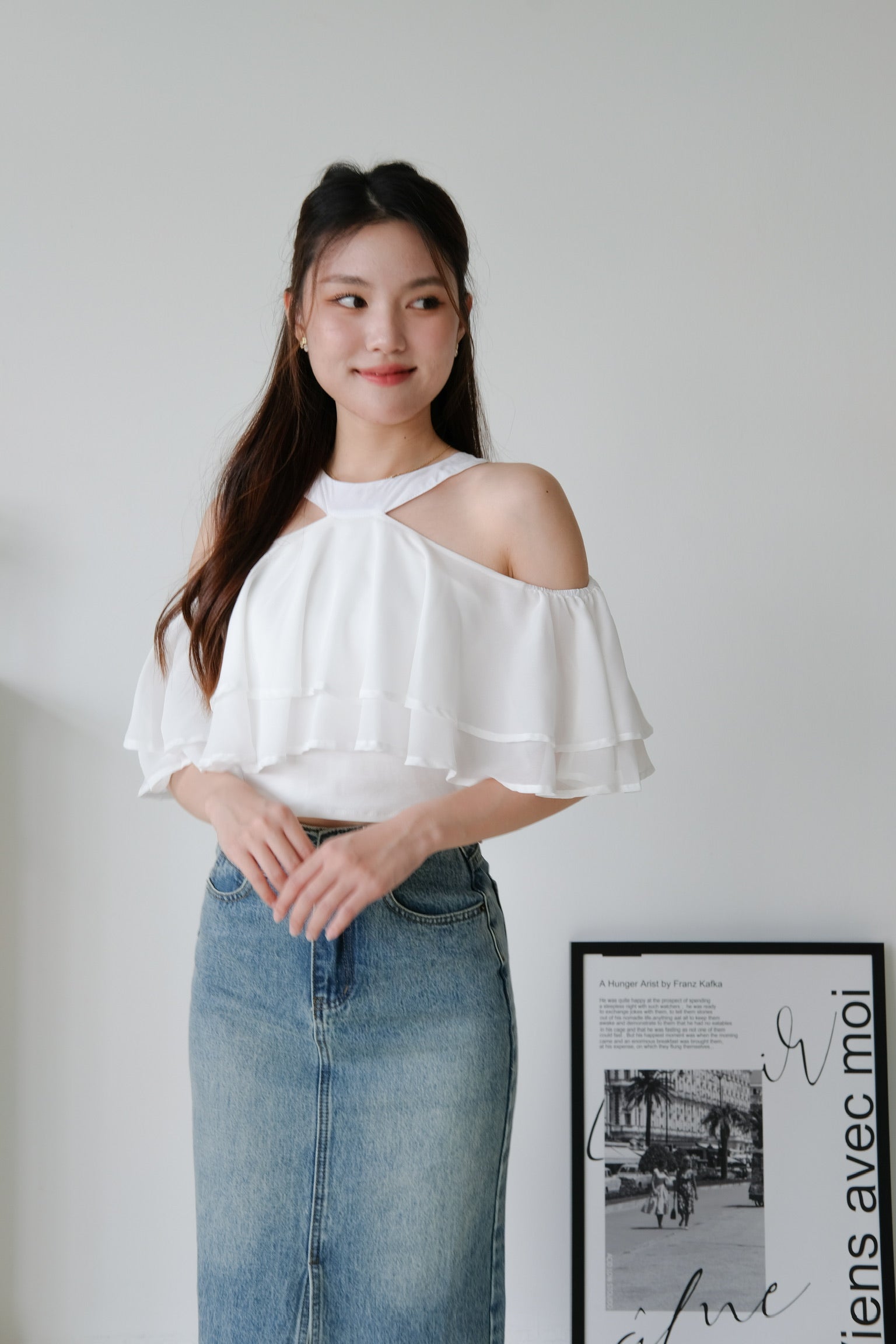 Estelle Halter Ruffle Tiered Crop (White)