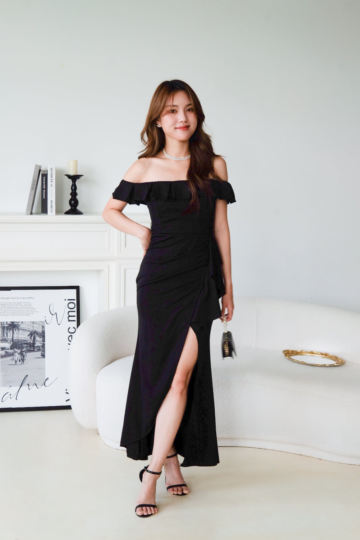 Dione Off Shoulder Slit Dinner Maxi Dress (Black)