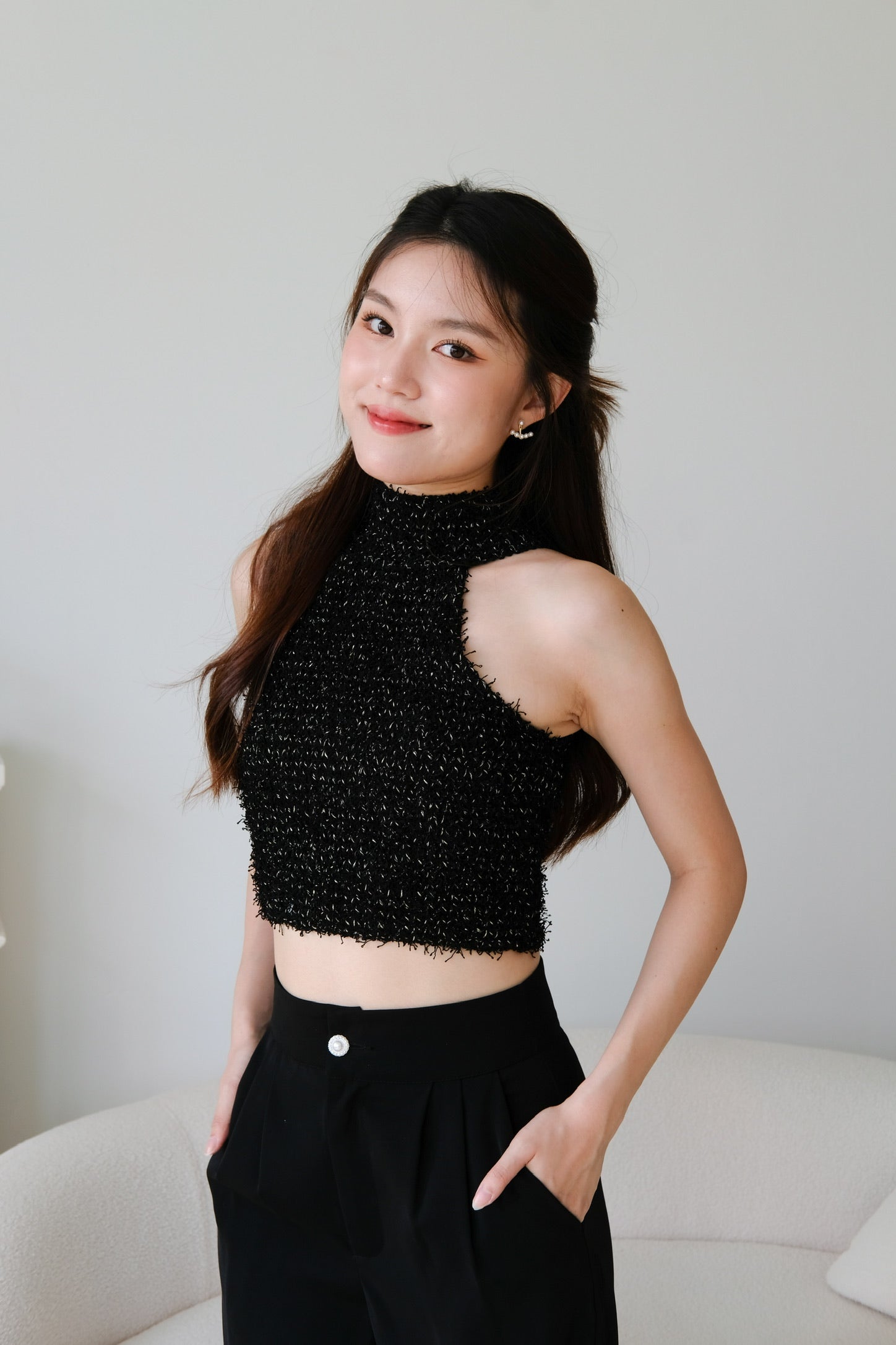 Hana Halter Tweed Crop (Black)