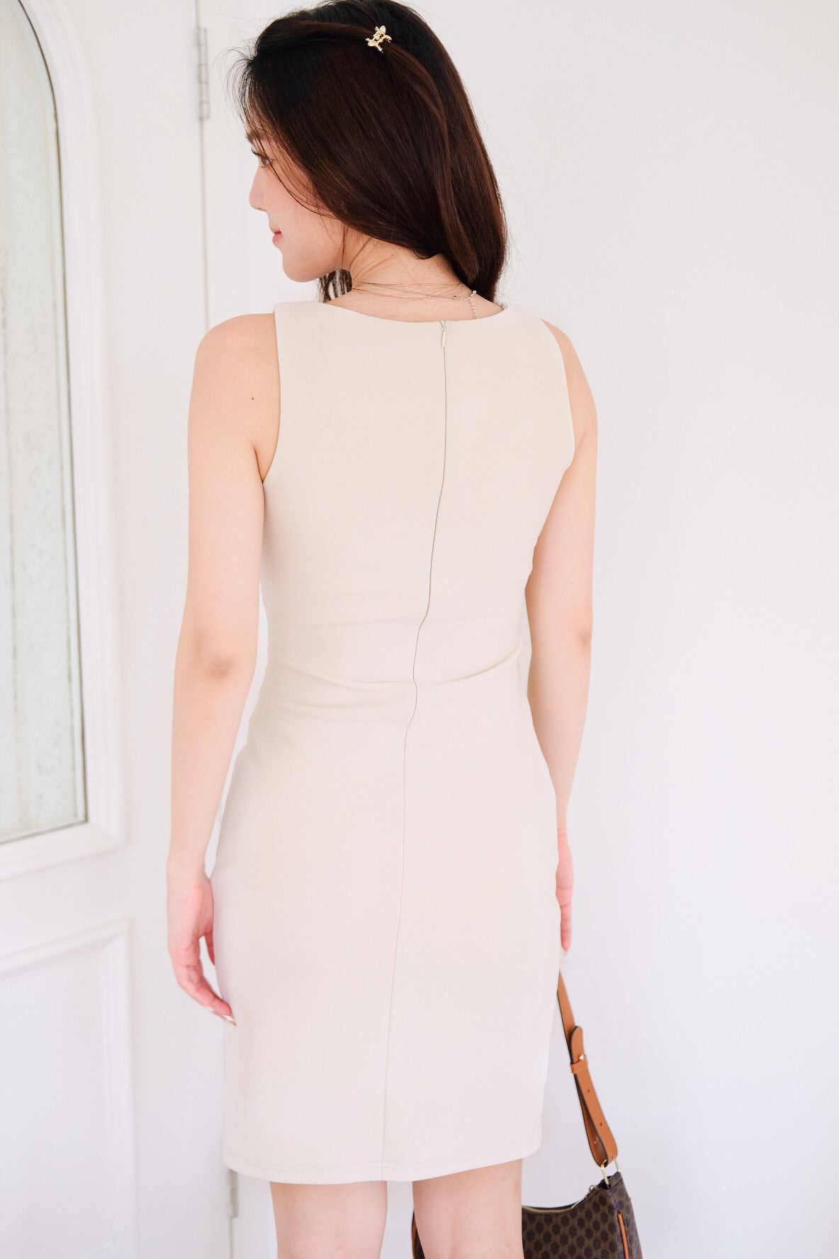 Annette Boatneck Ruched Midi Dress (Sand Beige)