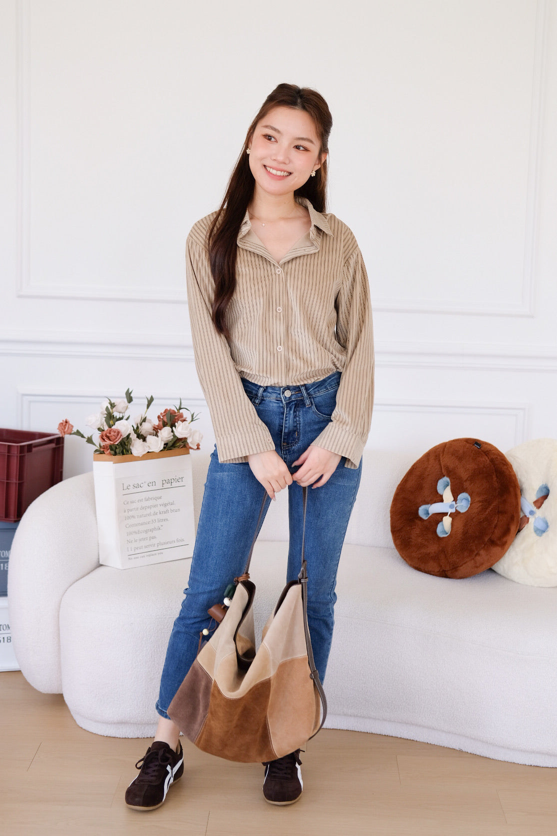 Henley Pinstripe Suede Shirt (Khaki)