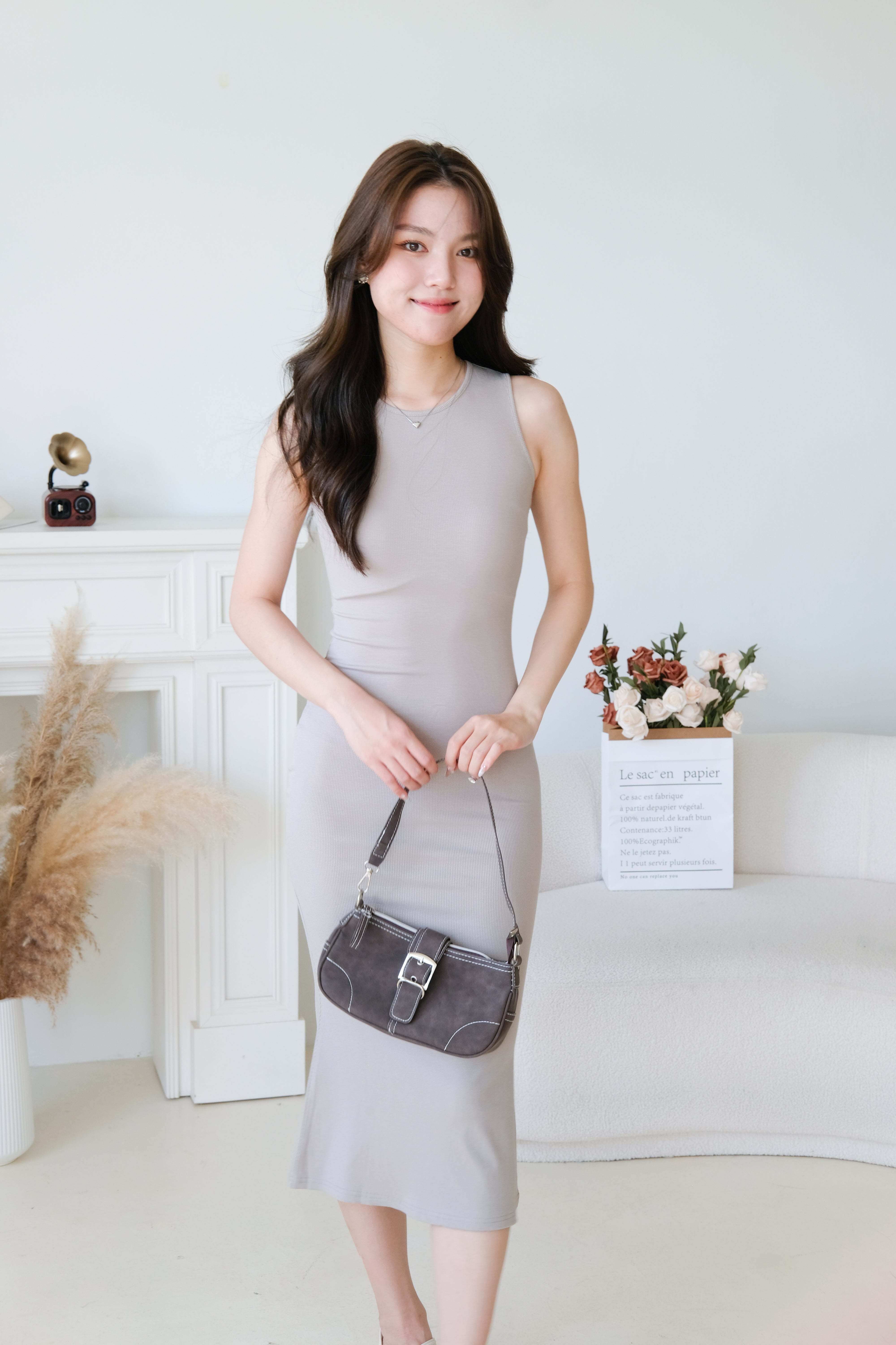 Stacey High Neck Bodycon Maxi Dress (Pastel Grey)