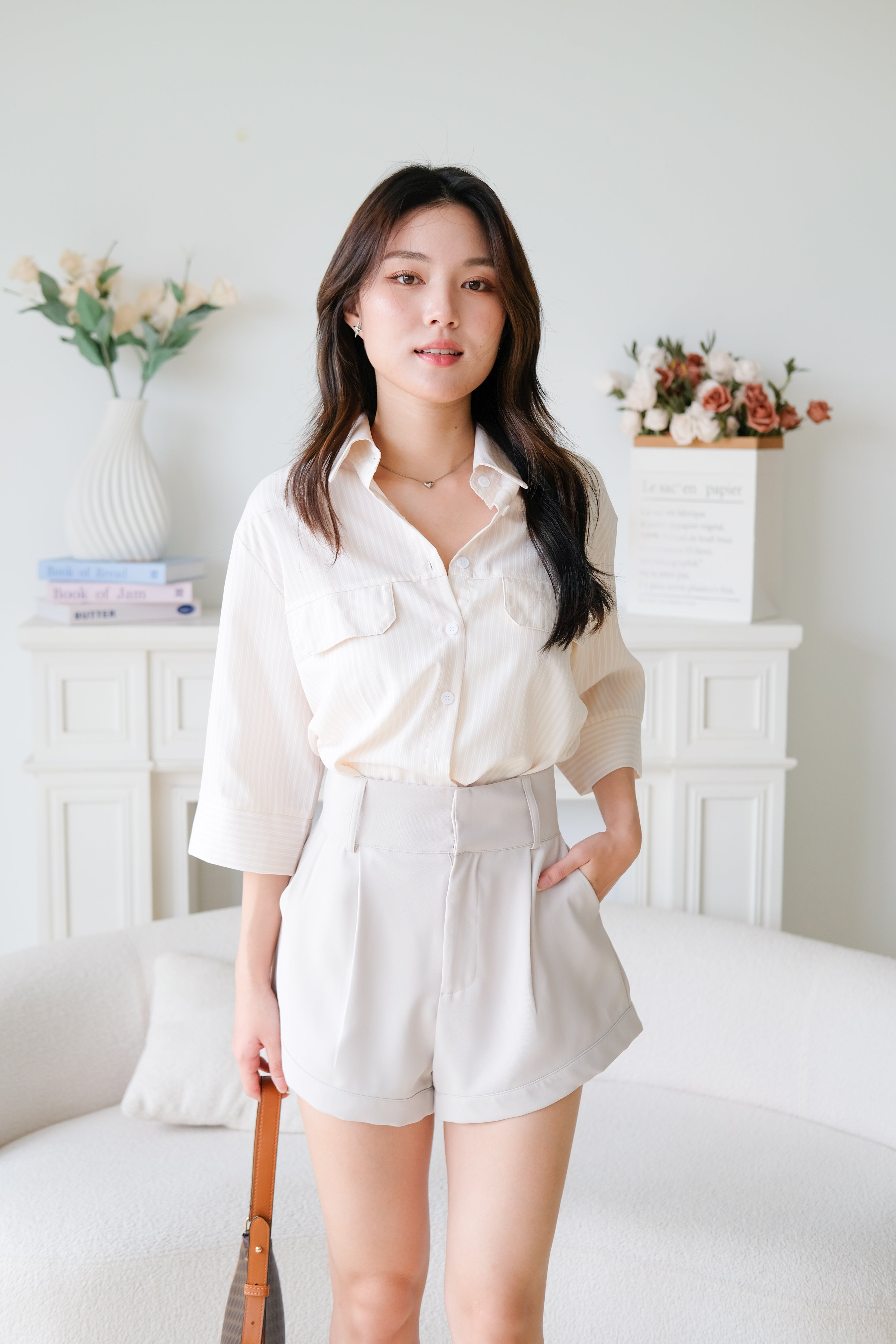 Carsen Stripes Oversized Blouse (Beige)