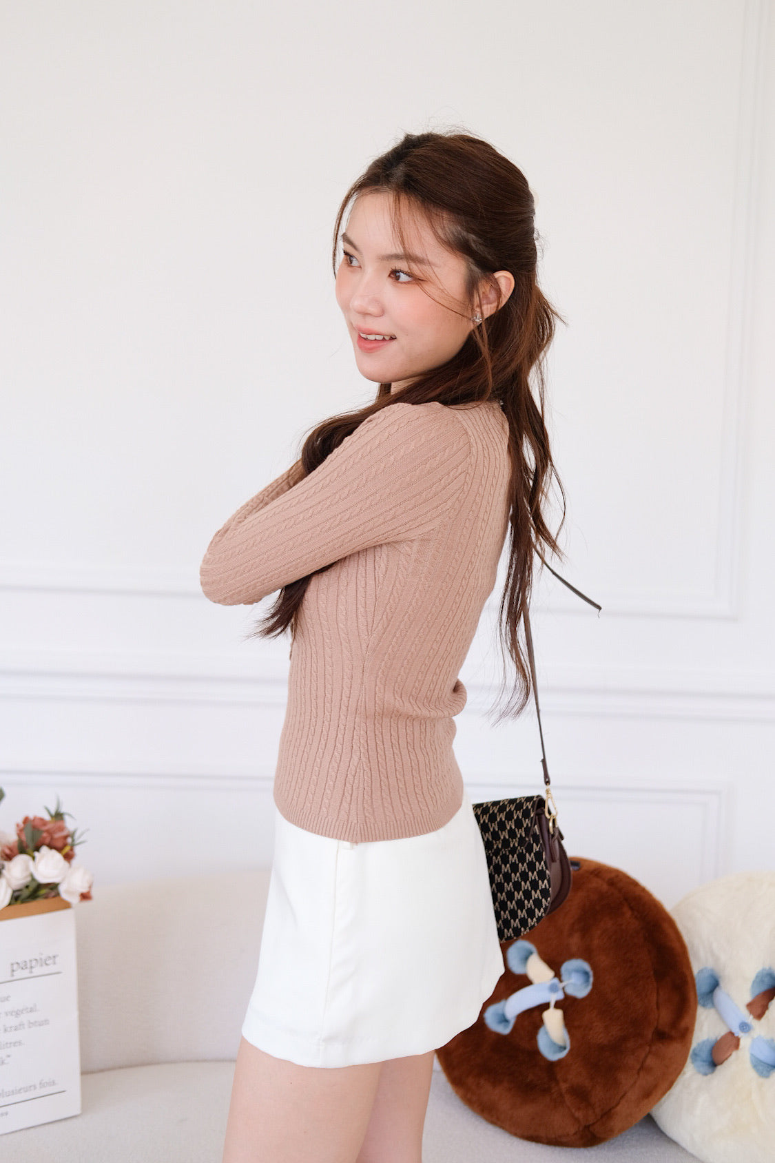 Cecily Buttoned Long Sleeves Knit Top (Camel Brown) [ETA 13 Oct]