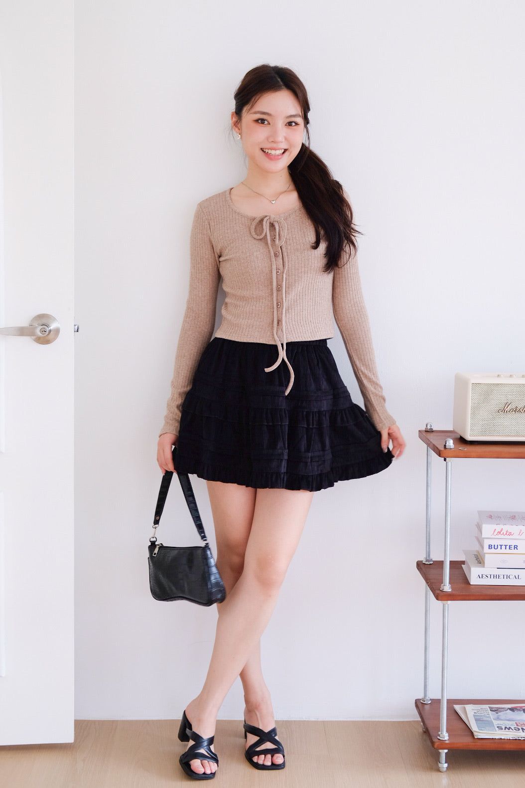 Coco Ribbon Long Sleeve Knit Top (Light Brown)