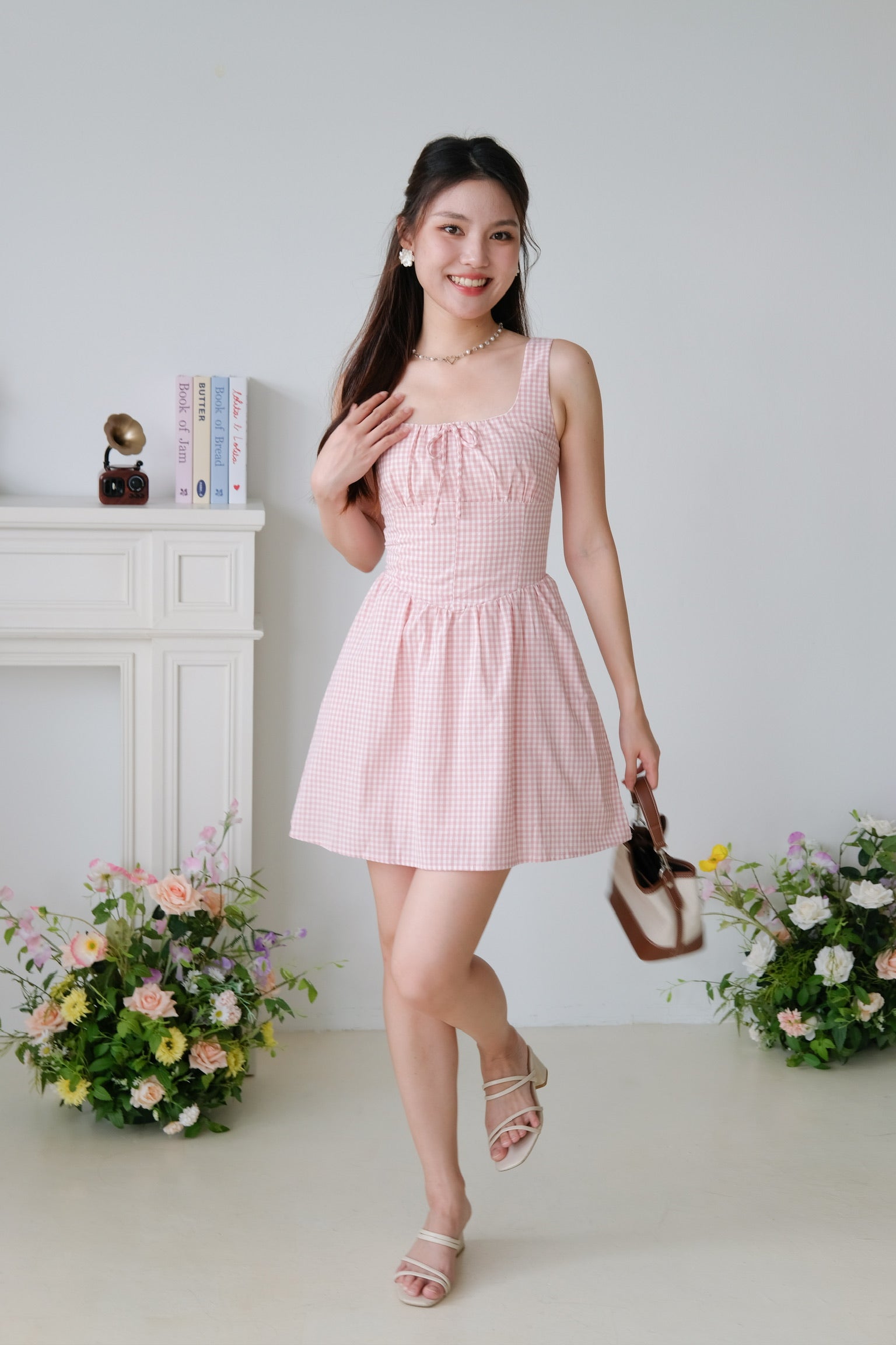 Tiffany Ruched Flare Dress (Pink Plaid)