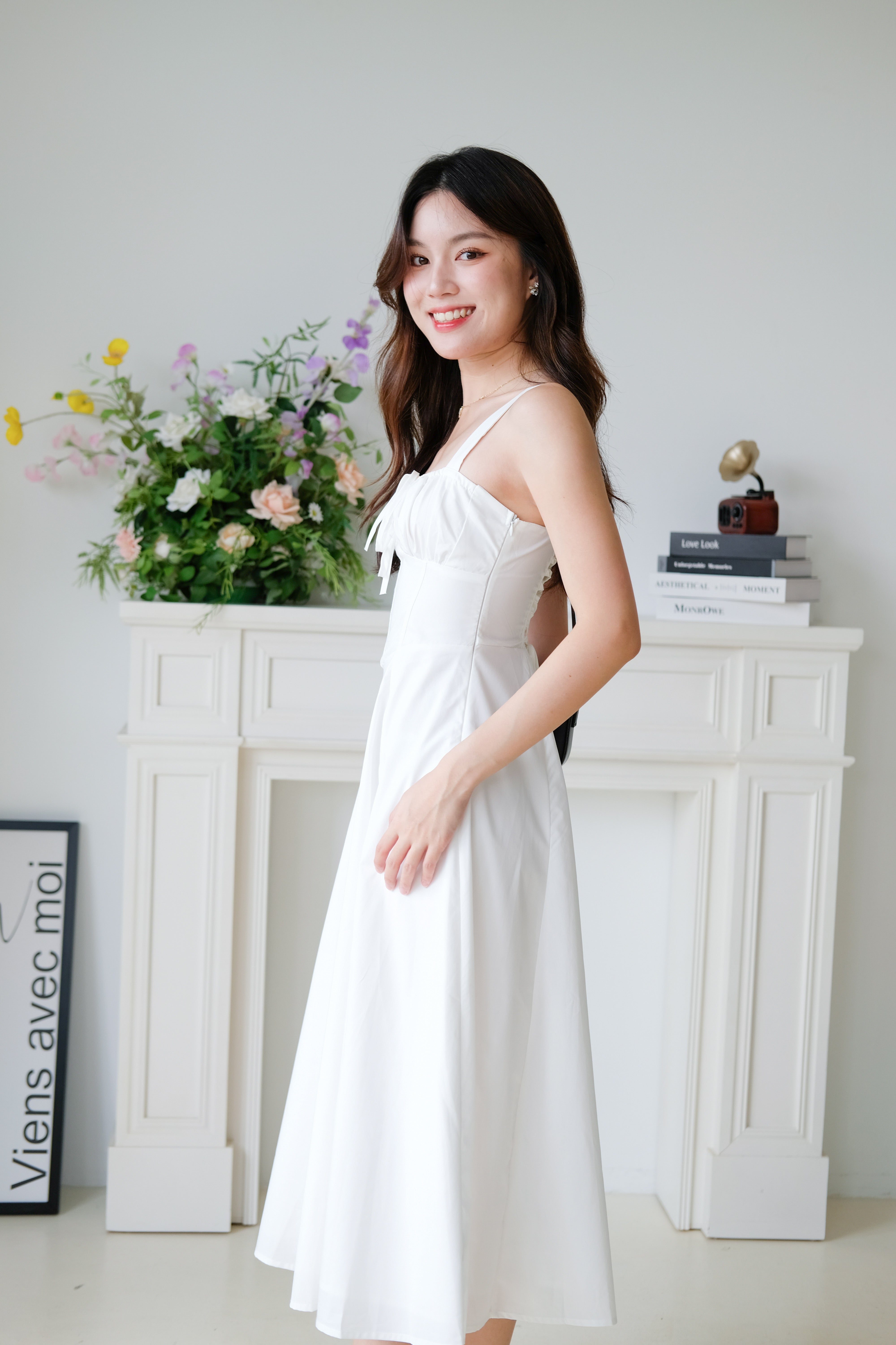 Claire Ruched Slit Midaxi Dress (White)