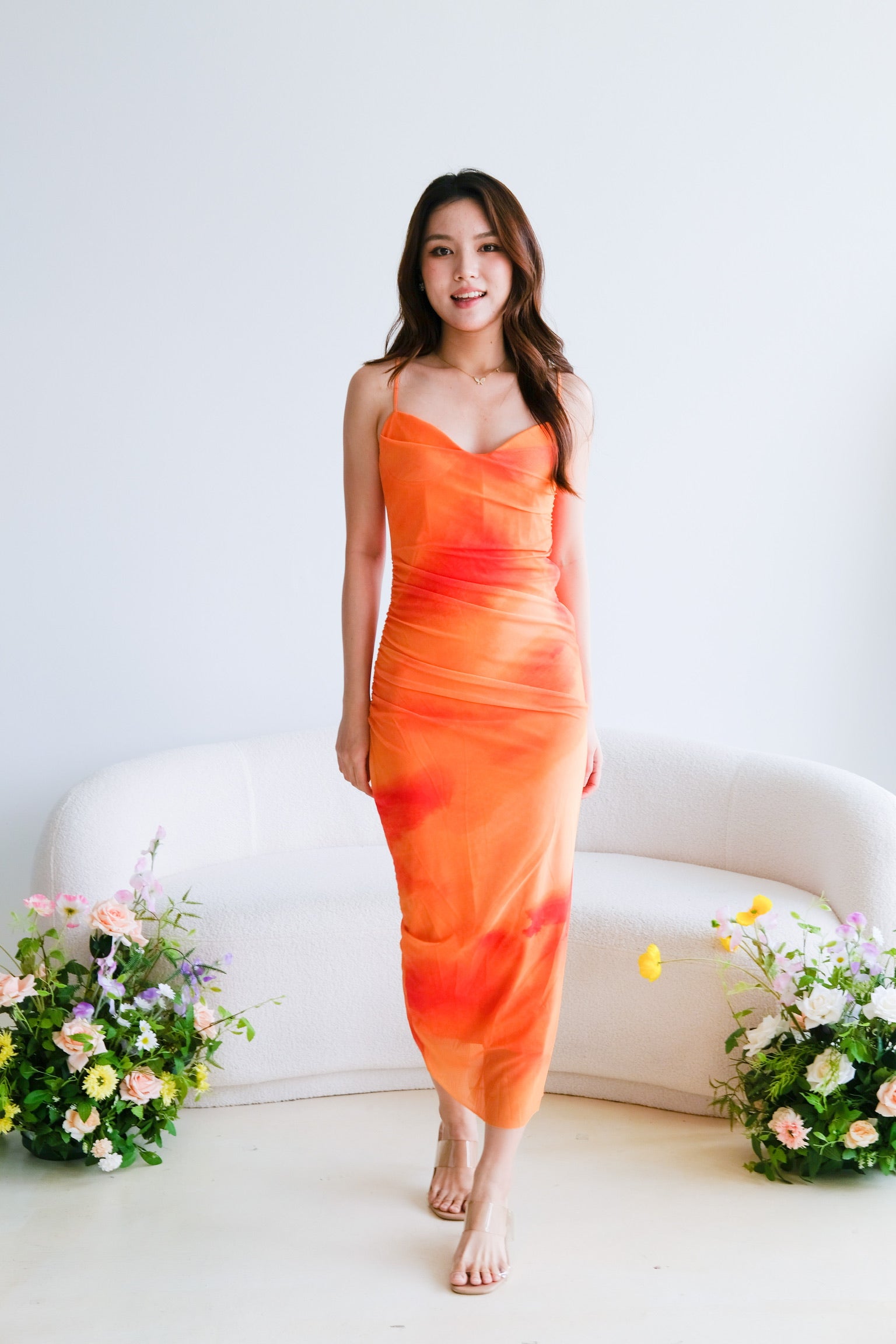 Lindsay Ombre Cowl Mesh Dress (Tangerine)