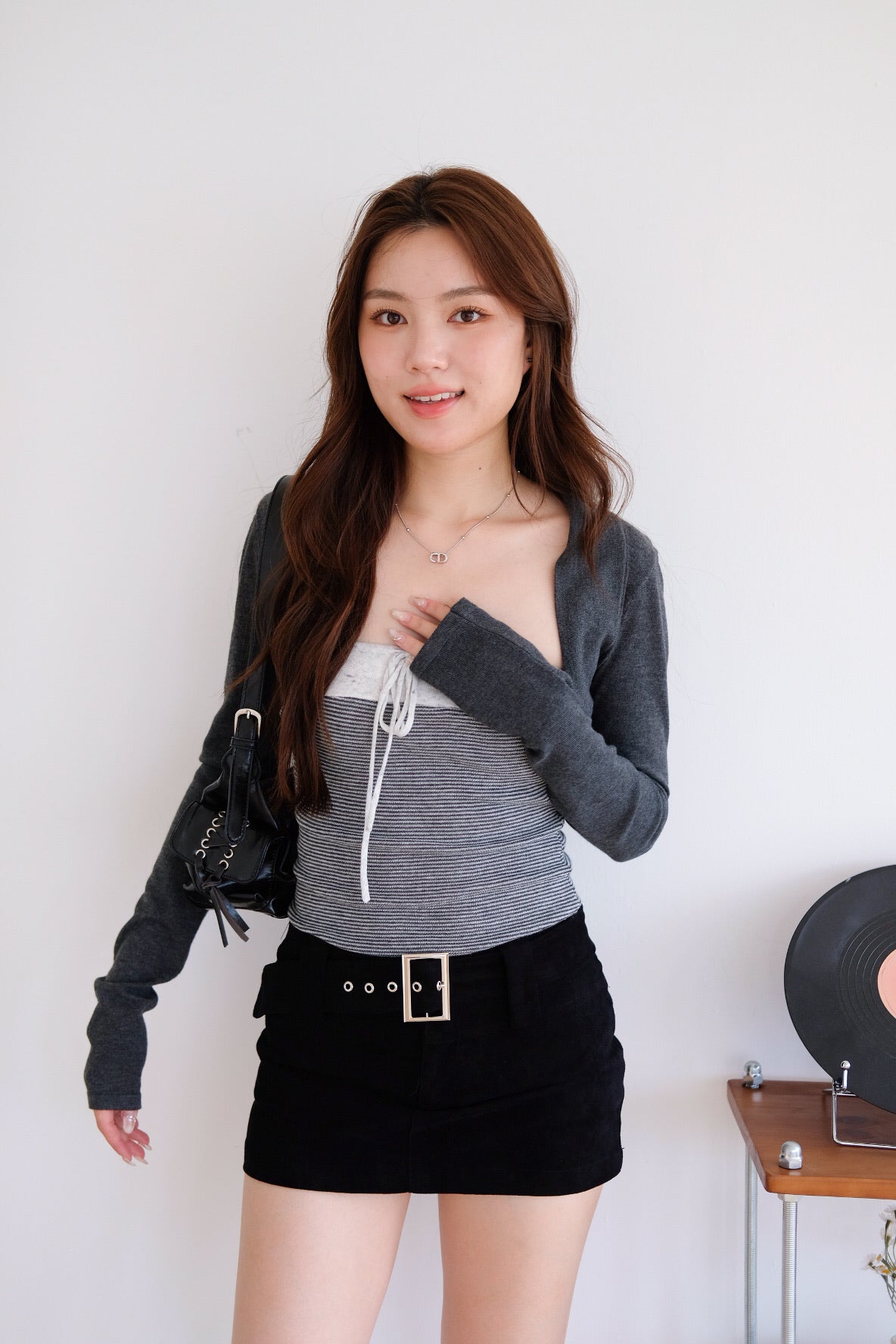 Caitlin Tube Stripes 2 in 1 Cardigan Set (Steel Grey)