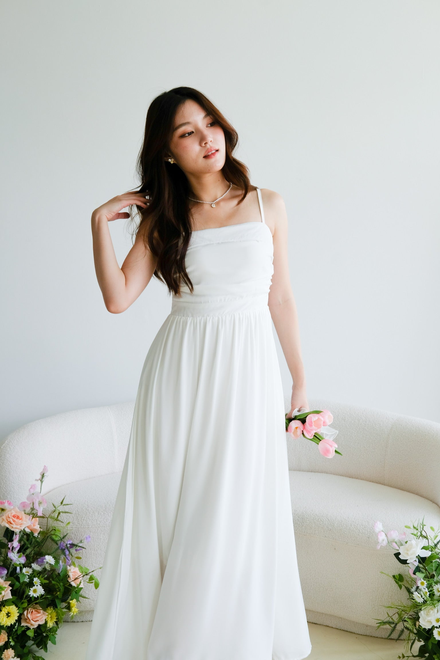 Helen Ruched Flare Maxi Dress (White)