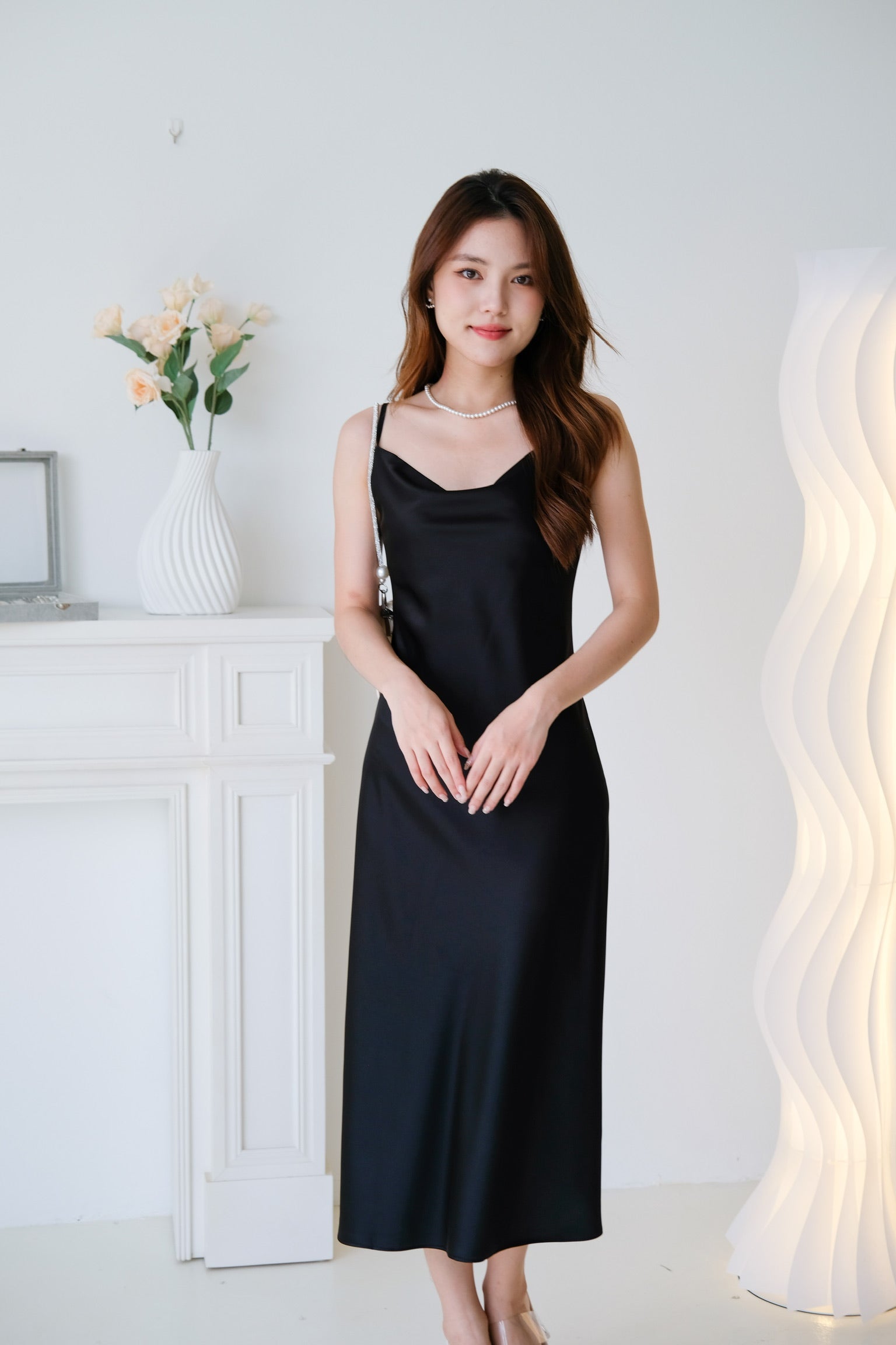 Elara Draped Satin Slip Dress (Black)