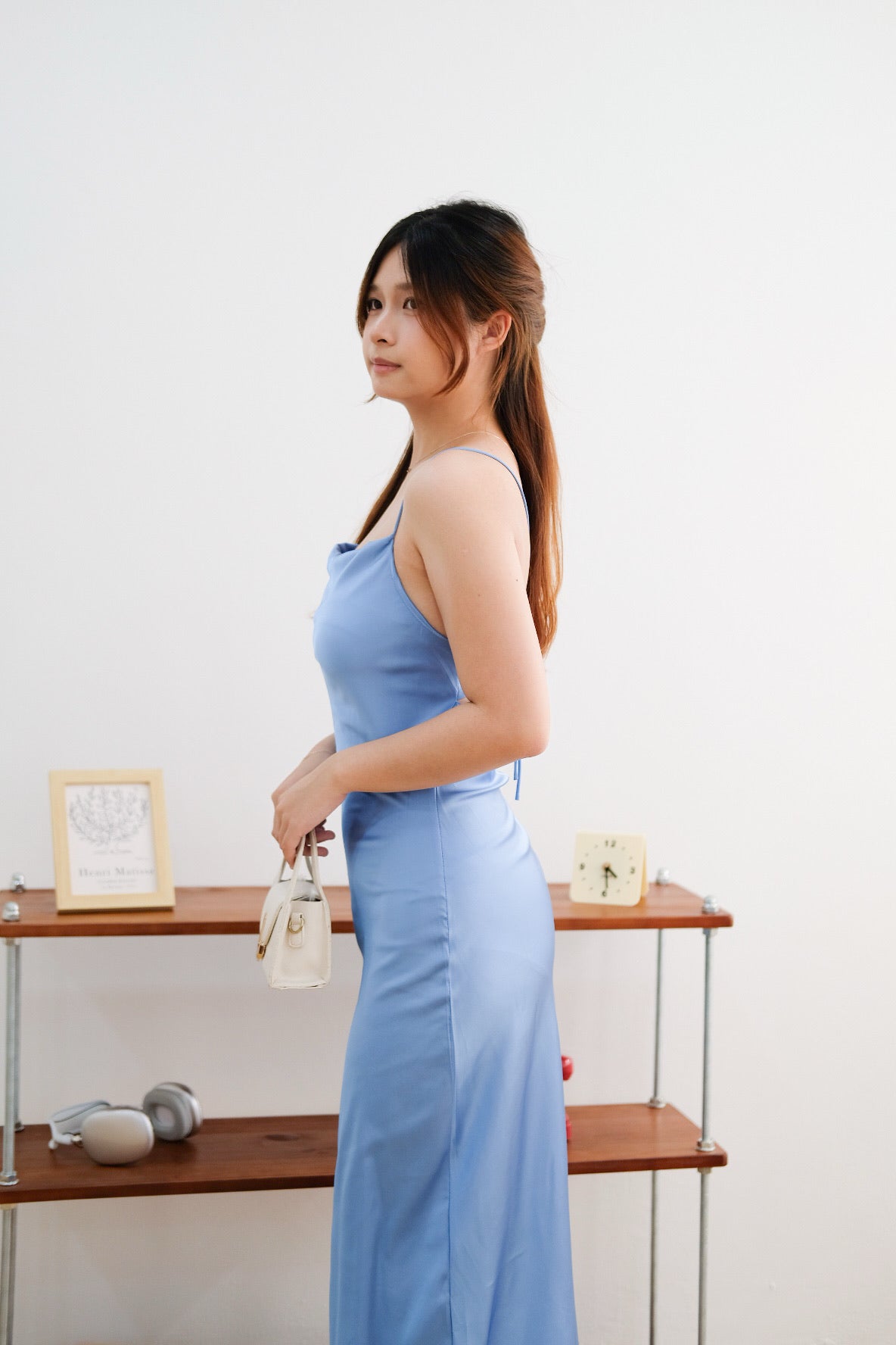 Blue Satin Cowl Neck Maxi Dress