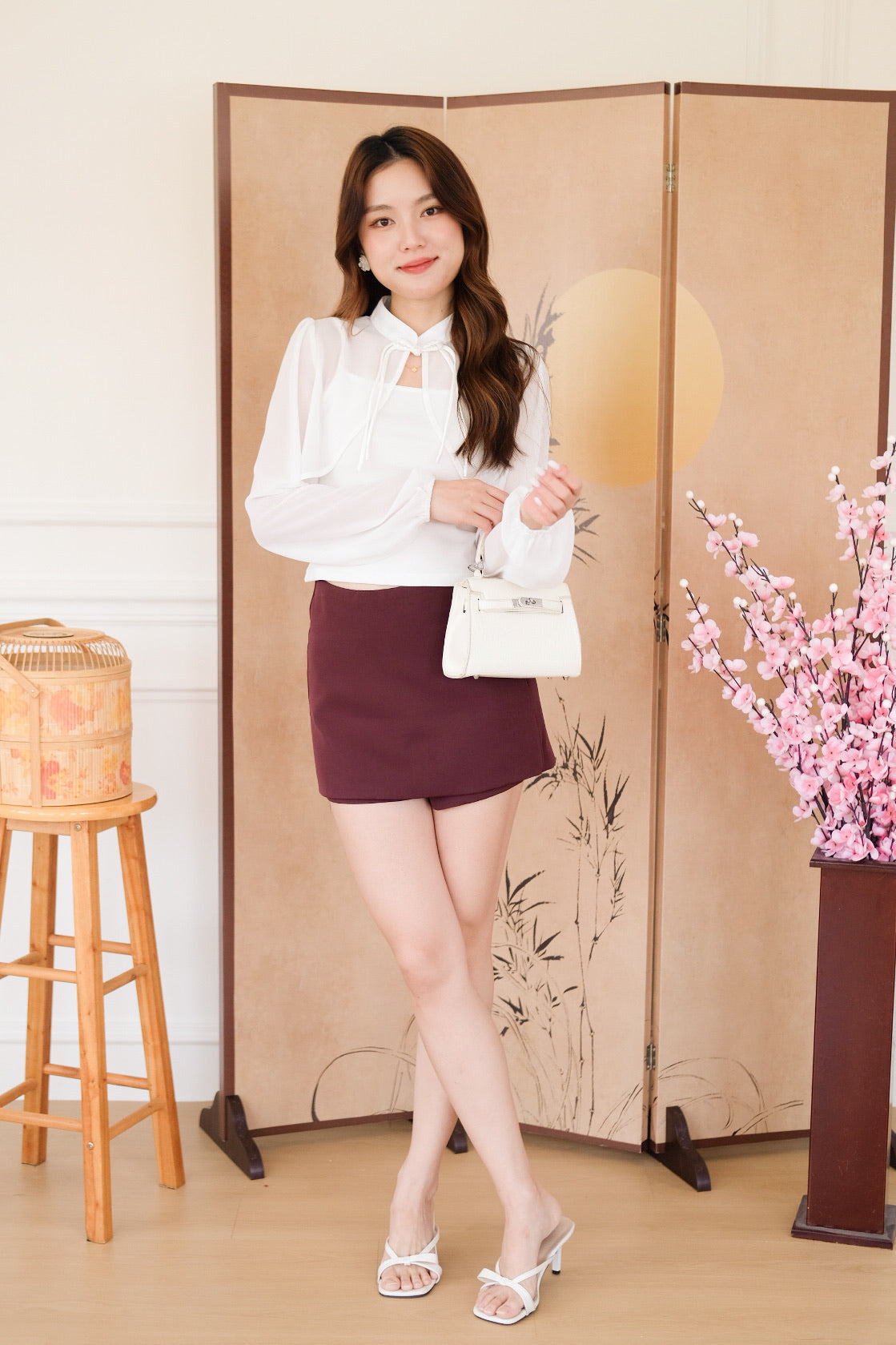清 Qing 2 in 1 Long Sleeves Cheongsam Top (White)