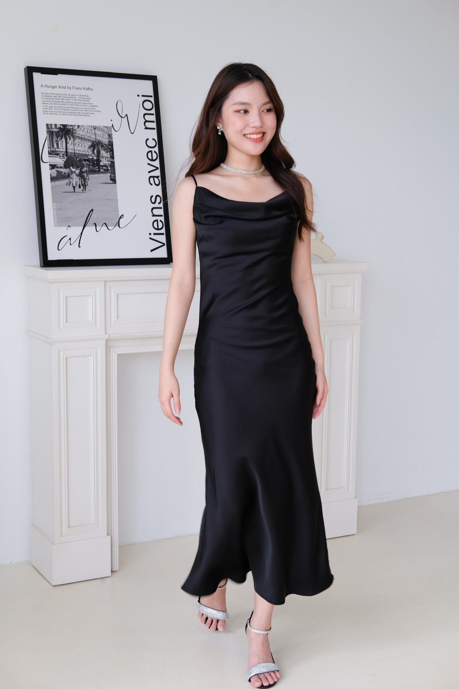 Victoria Cowl Satin Bareback Maxi Dress (Black)