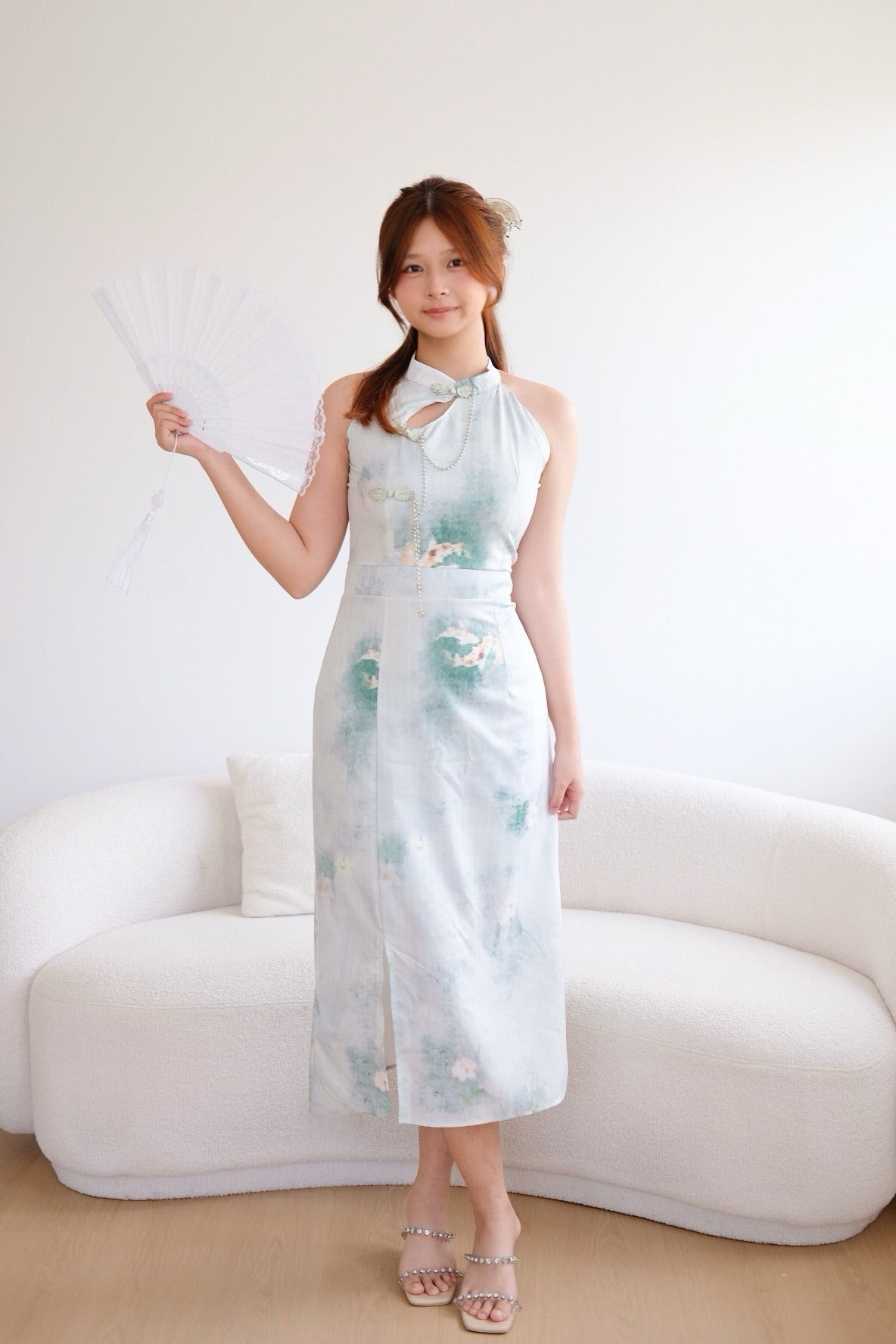 Mint Pearl Slit Maxi Cheongsam
