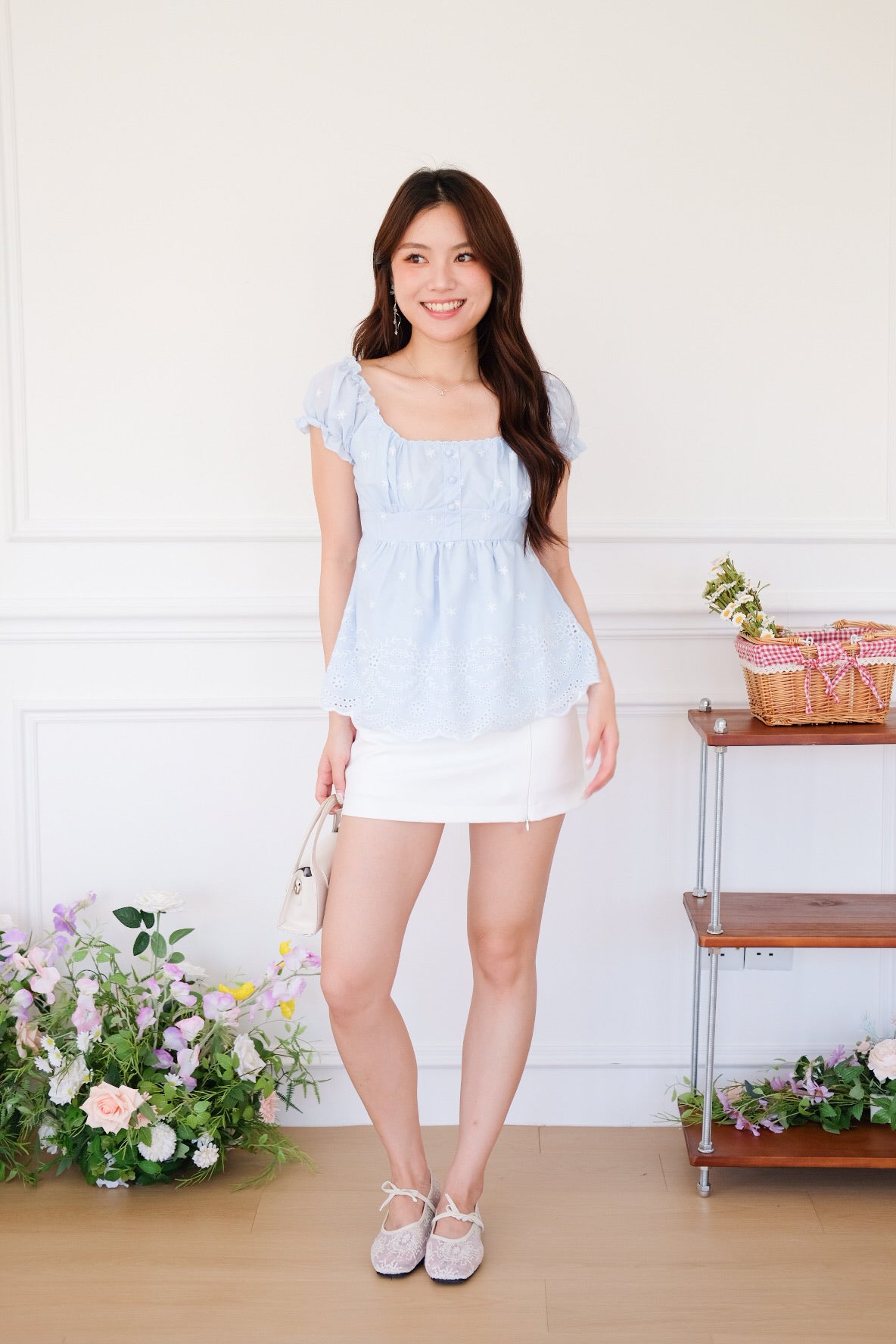Kylin Eyelet Ruched Peplum Top (Baby Blue)