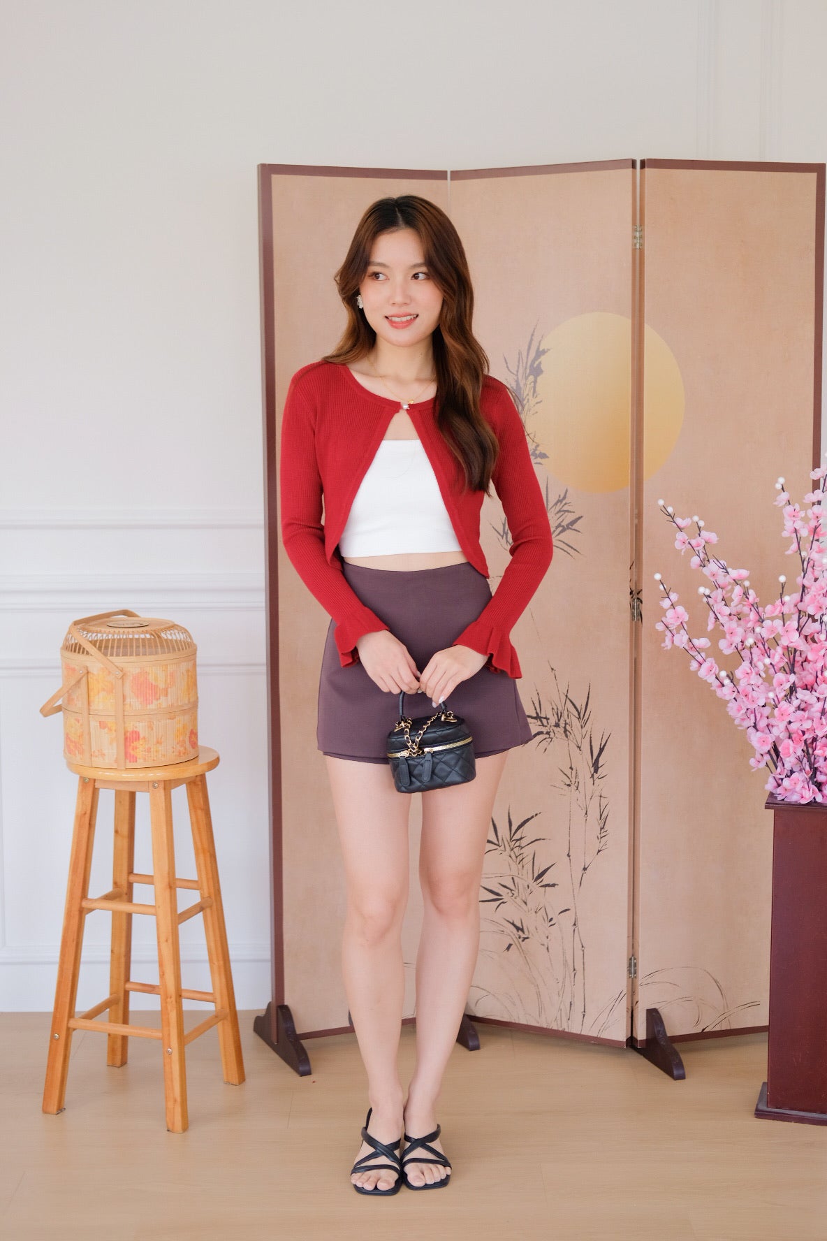 Corrine Bell Sleeves Cropped Cardigan (Wine)