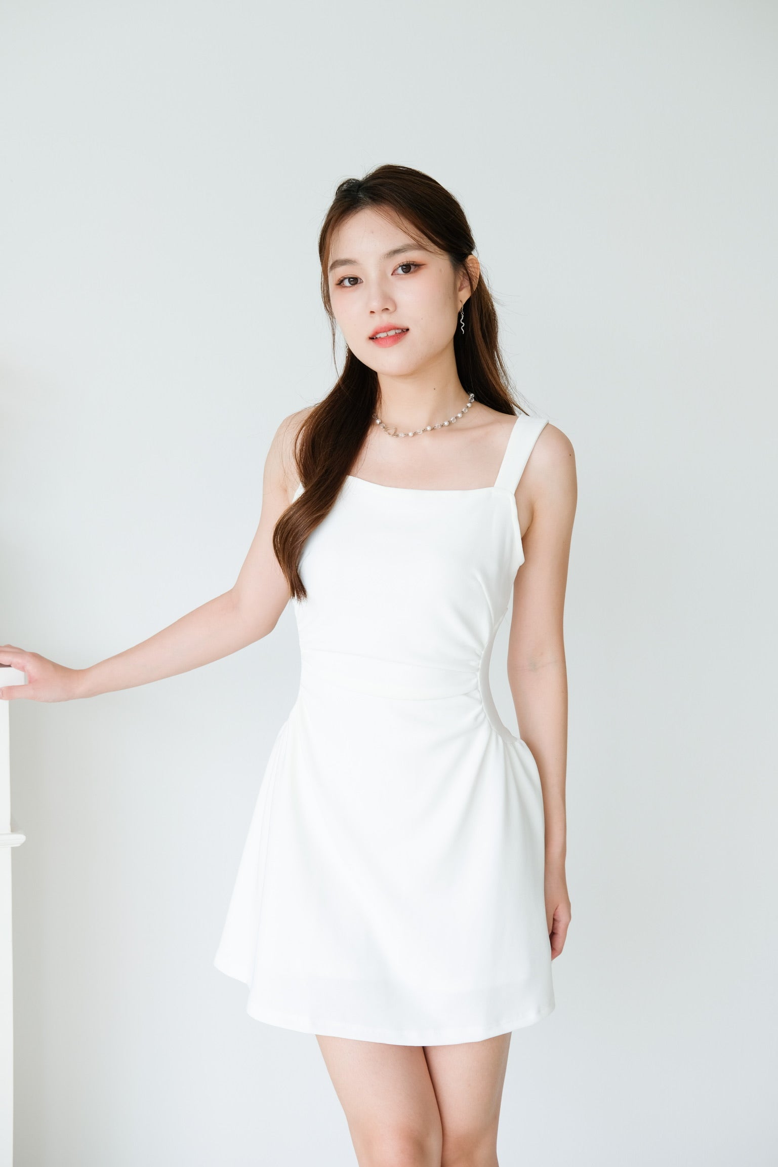 Tavia Ruched Mini Dress (White)