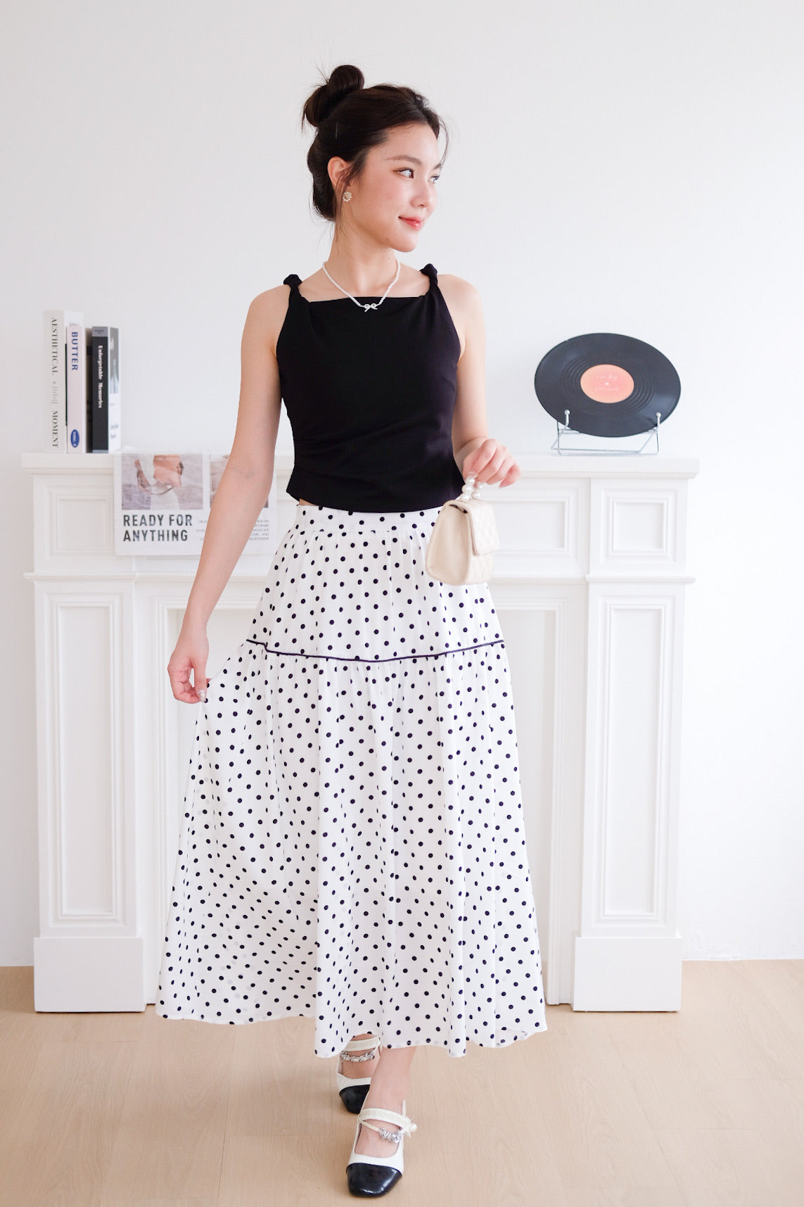 Alva Vintage Contrast A Line Skirt (Polka White)