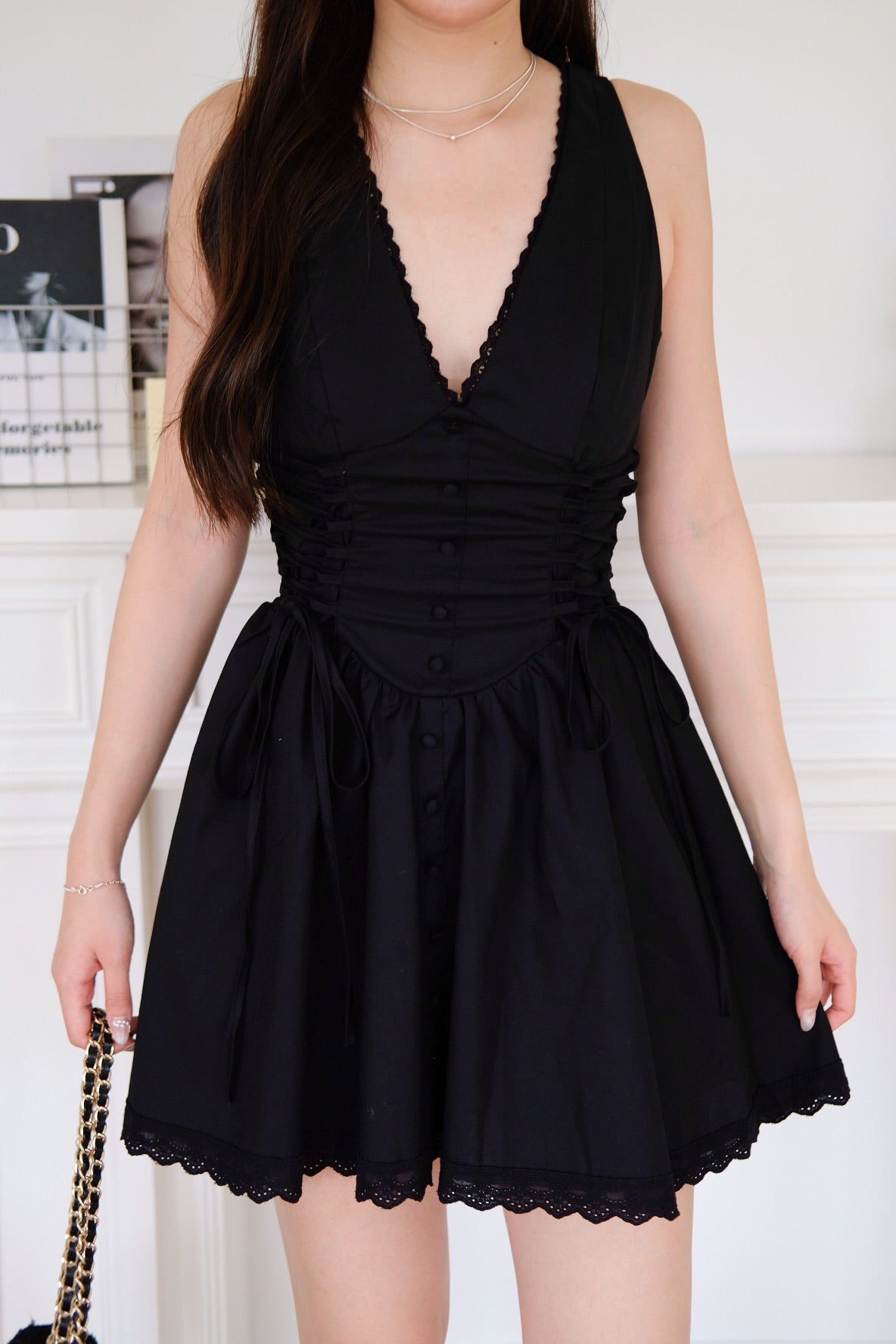 Elaine Lace Up Skater Dress (Black) [ETA 10 Sept]