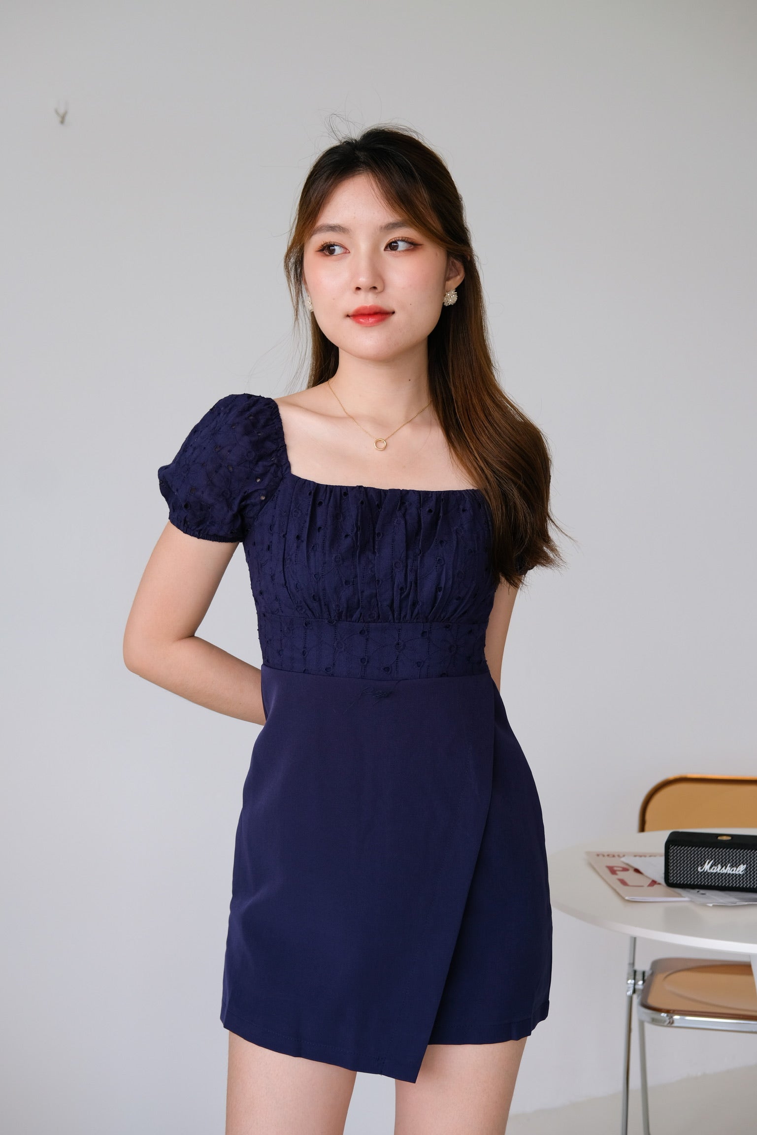 Kathryn Crochet Ruched Dress (Navy Blue)