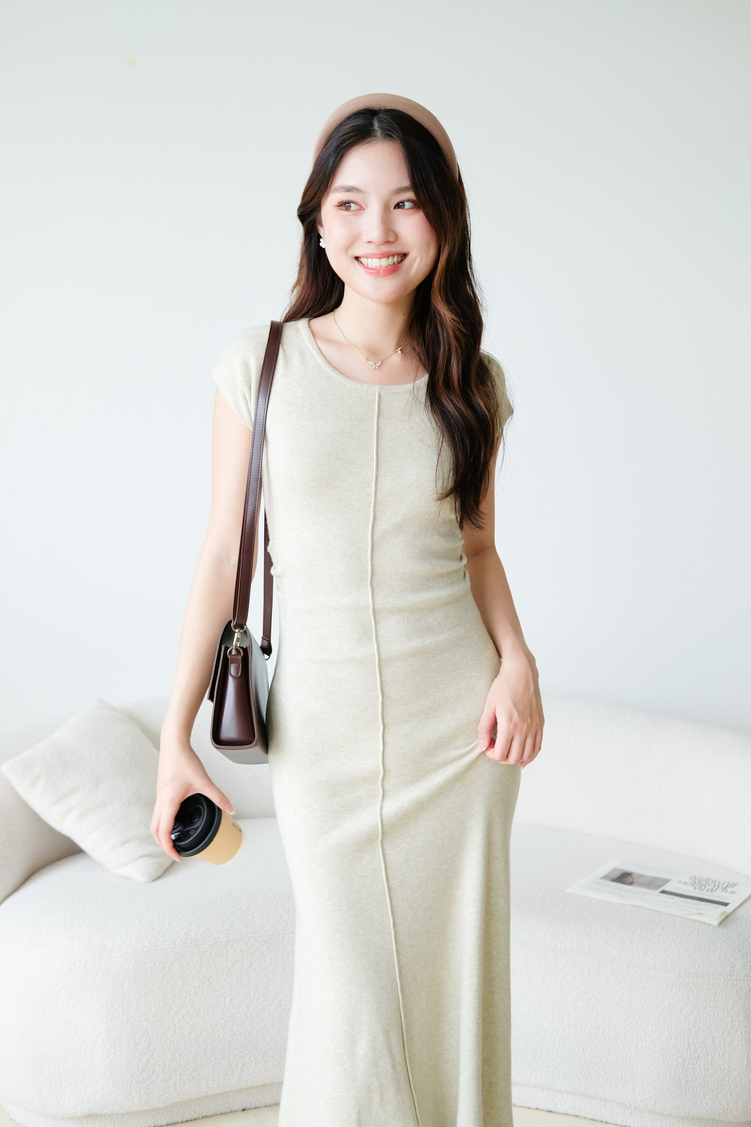 Samantha Crew Neck Knit Maxi Dress (Wheat Beige)
