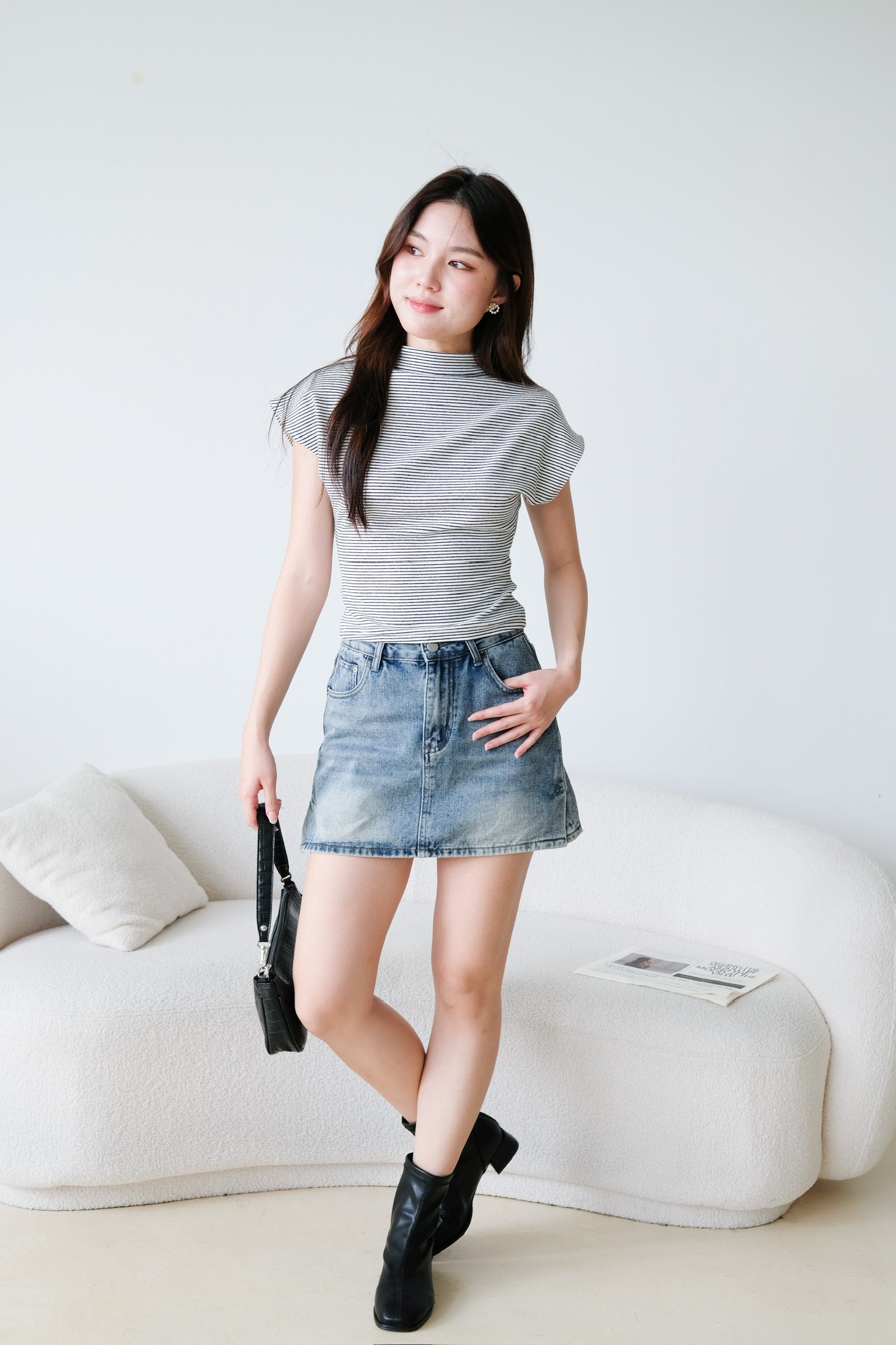Lucca Batwing High Neck Shirt (White Stripes)