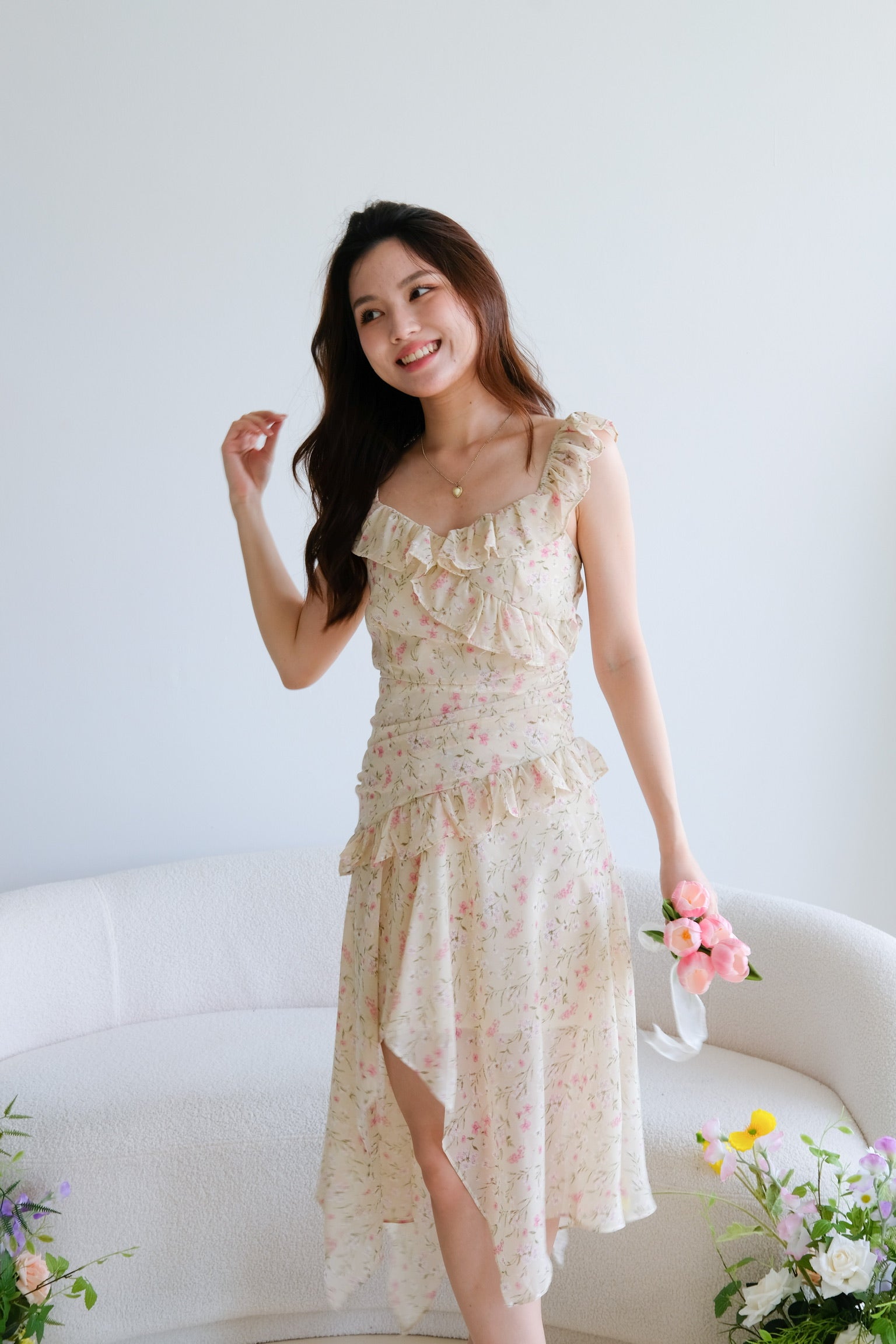 Wendy Ruffle Floral Asymmetric Dress (Oat Beige)