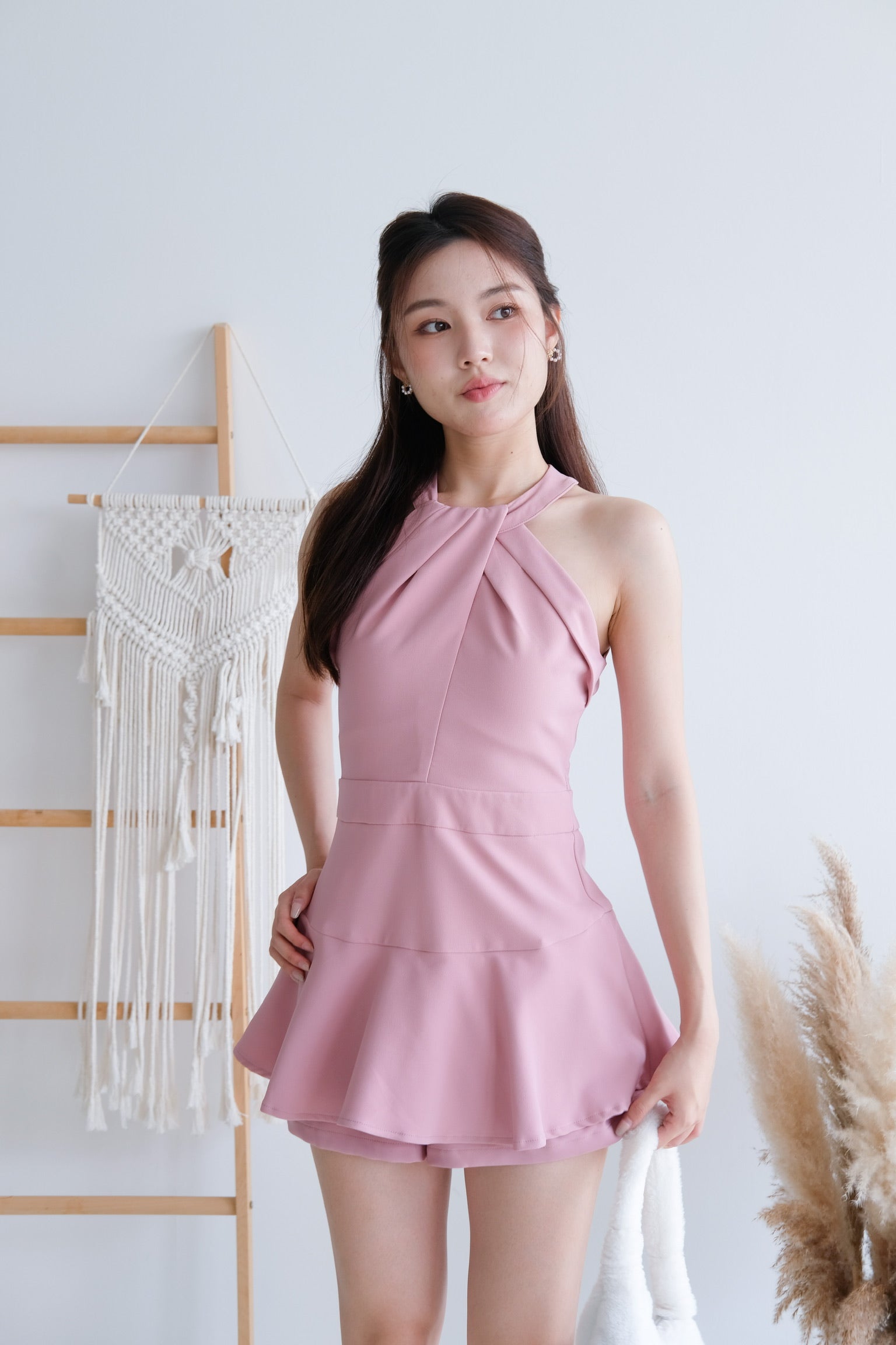 Edith Halter Flare Romper (Rouge Pink)