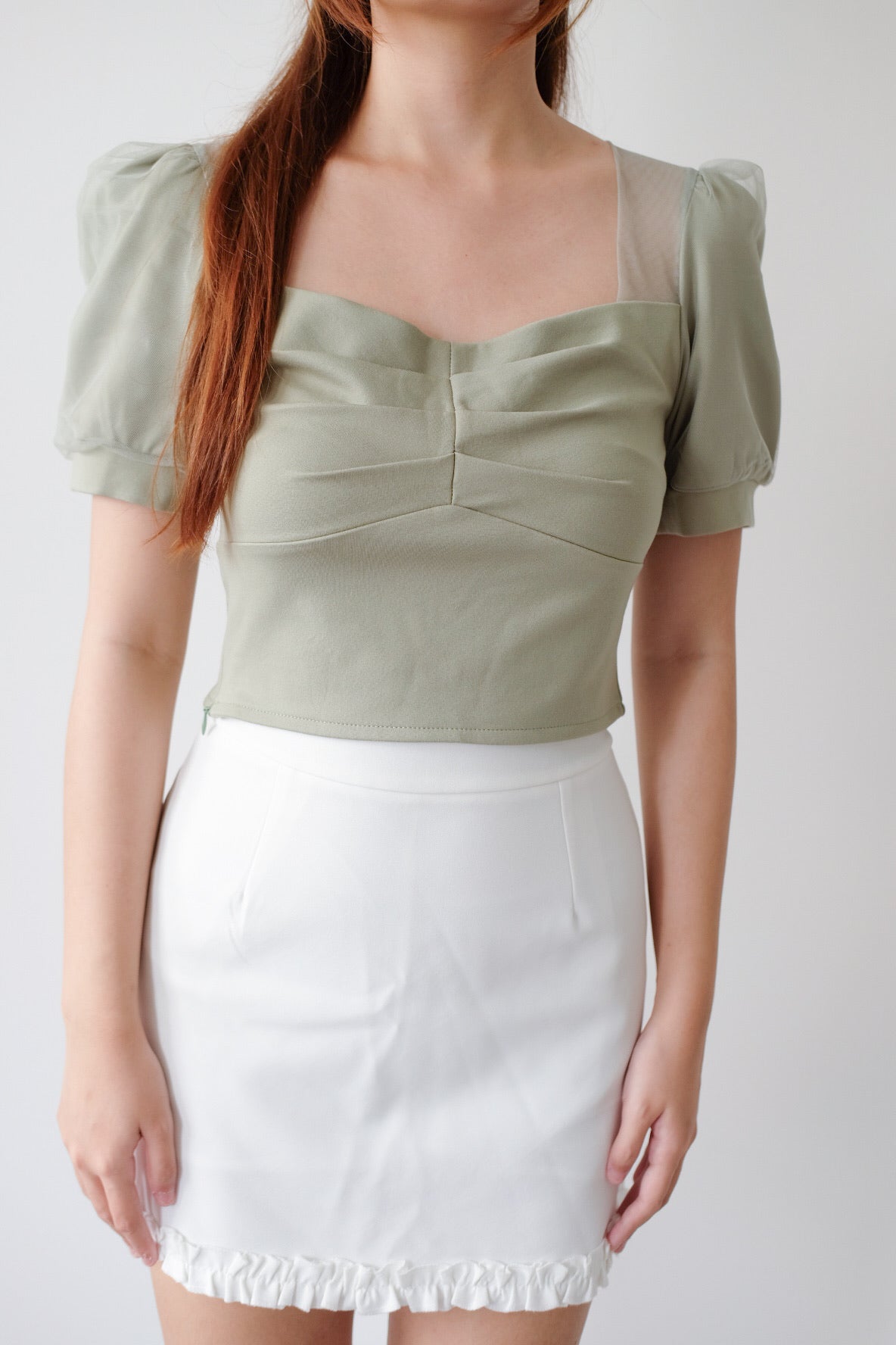 Green Ruched Puff Sleeve Top