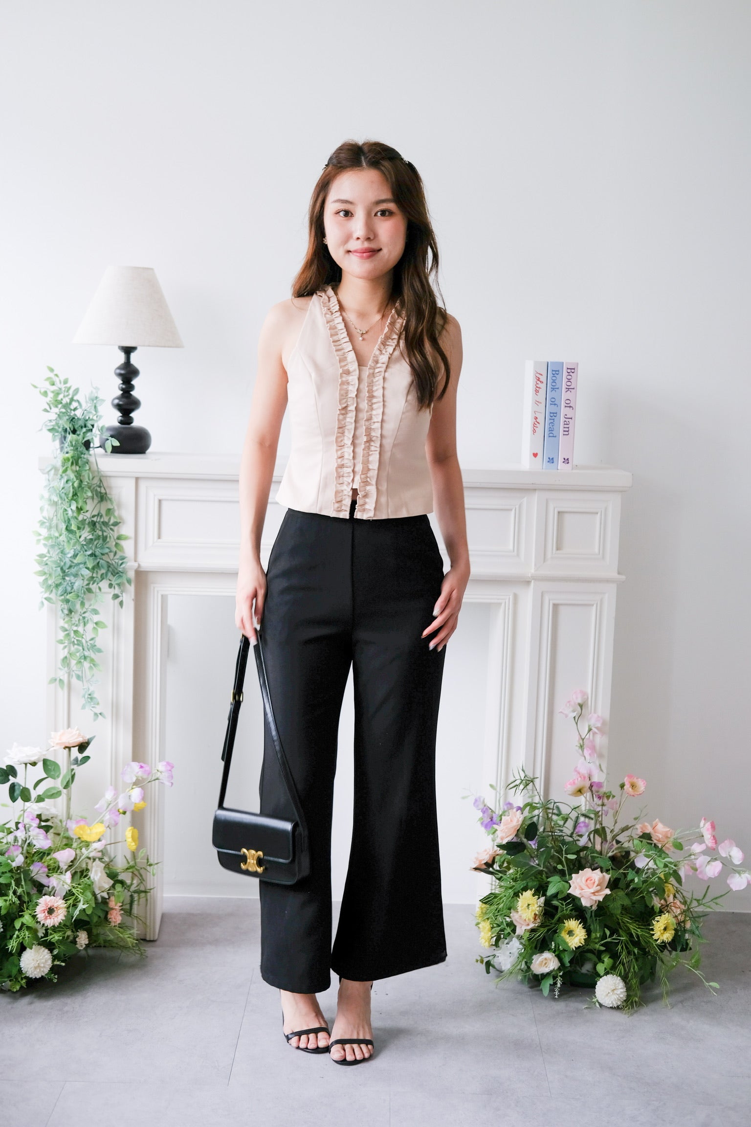 Evangeline Frills V Neck Top (Beige)