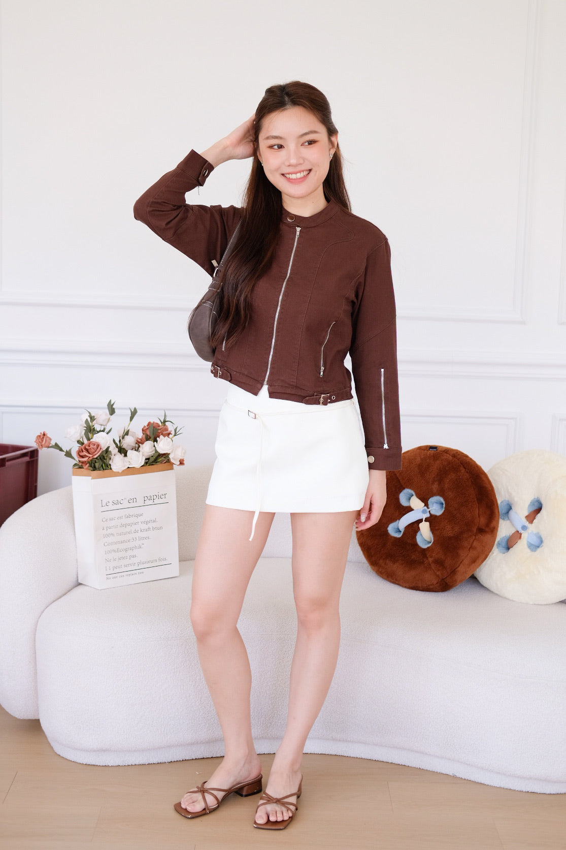 Maren Zip Cropped Denim Jacket (Mocha)