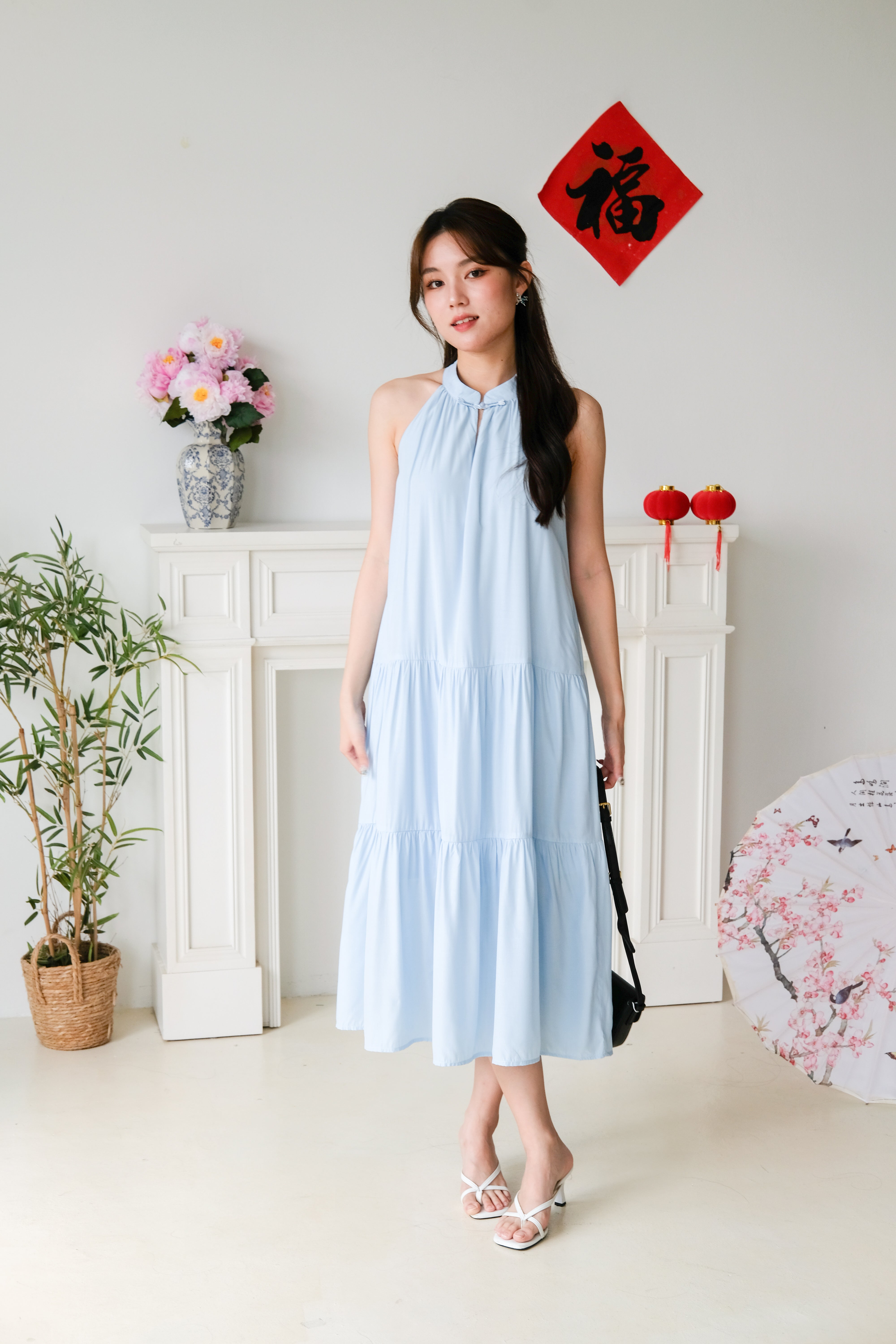 Qi Mandarin Collar Babydoll Tiered Dress (Sky Blue)