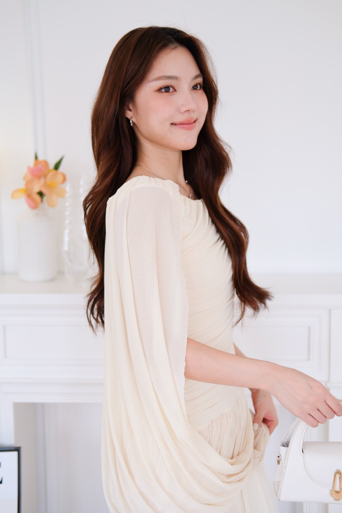 Jasmine Ruched Mesh Off Shoulder Maxi Dress (Pale Yellow)