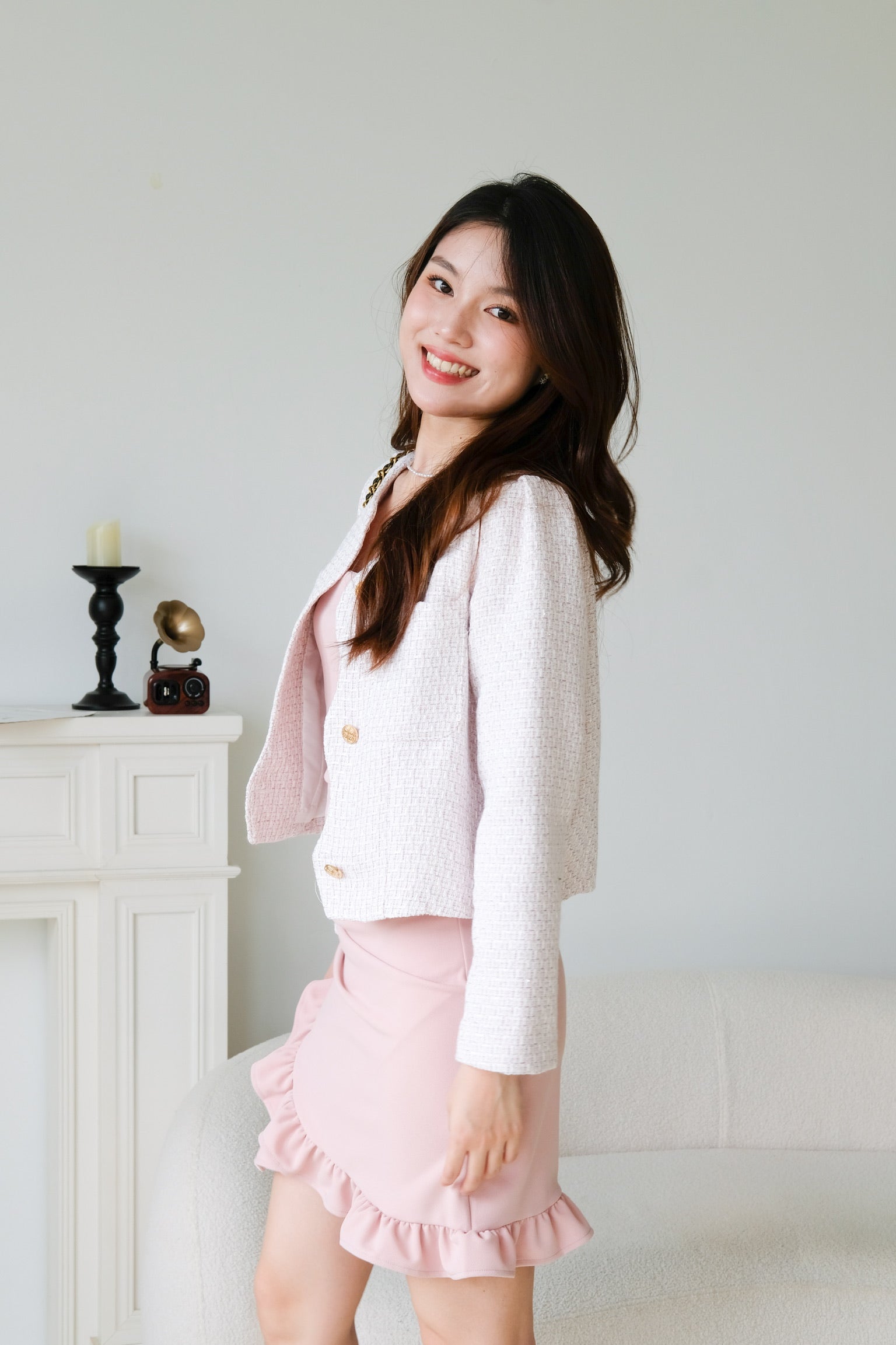 Jennie Wavy Tweed Outerwear (Baby Pink)