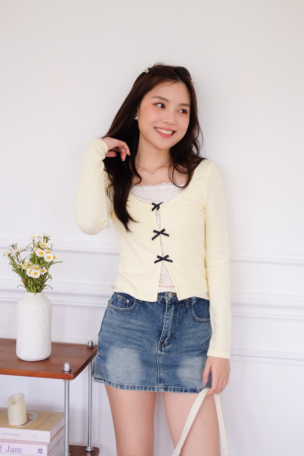 Ahyeon Contrast Polka Long Sleeve Top (Light Yellow)