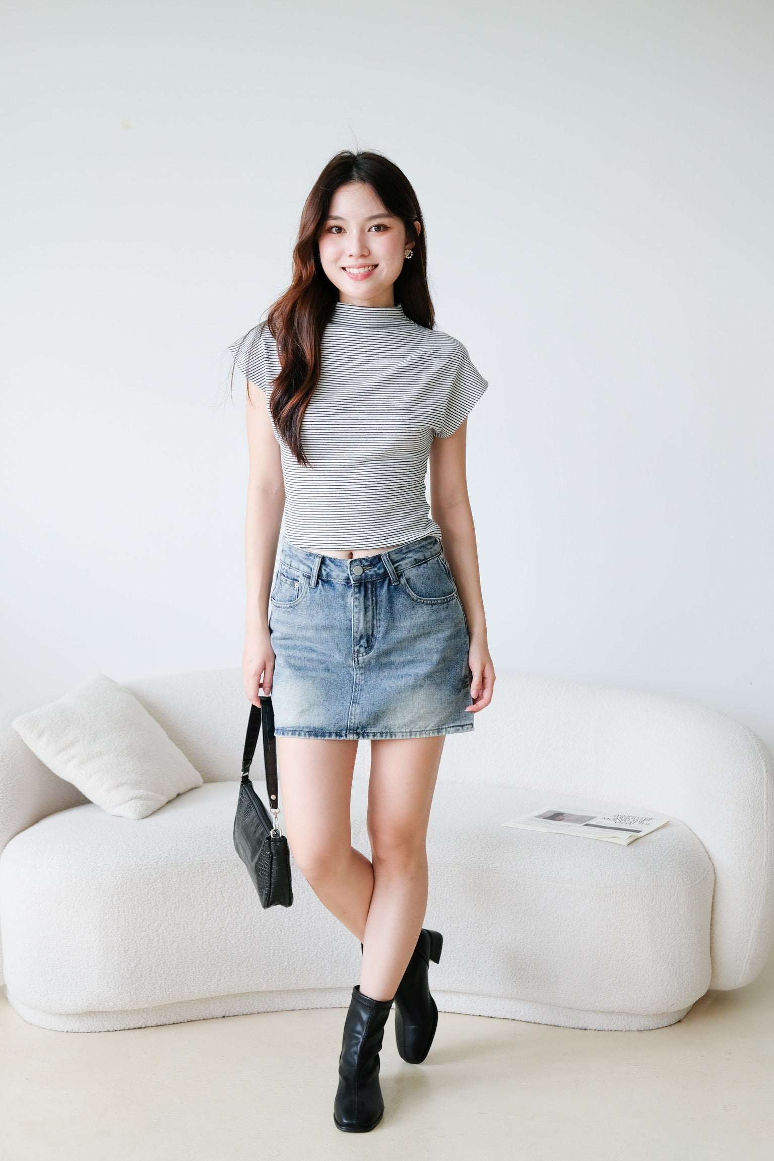 Lucca Batwing High Neck Shirt (White Stripes)
