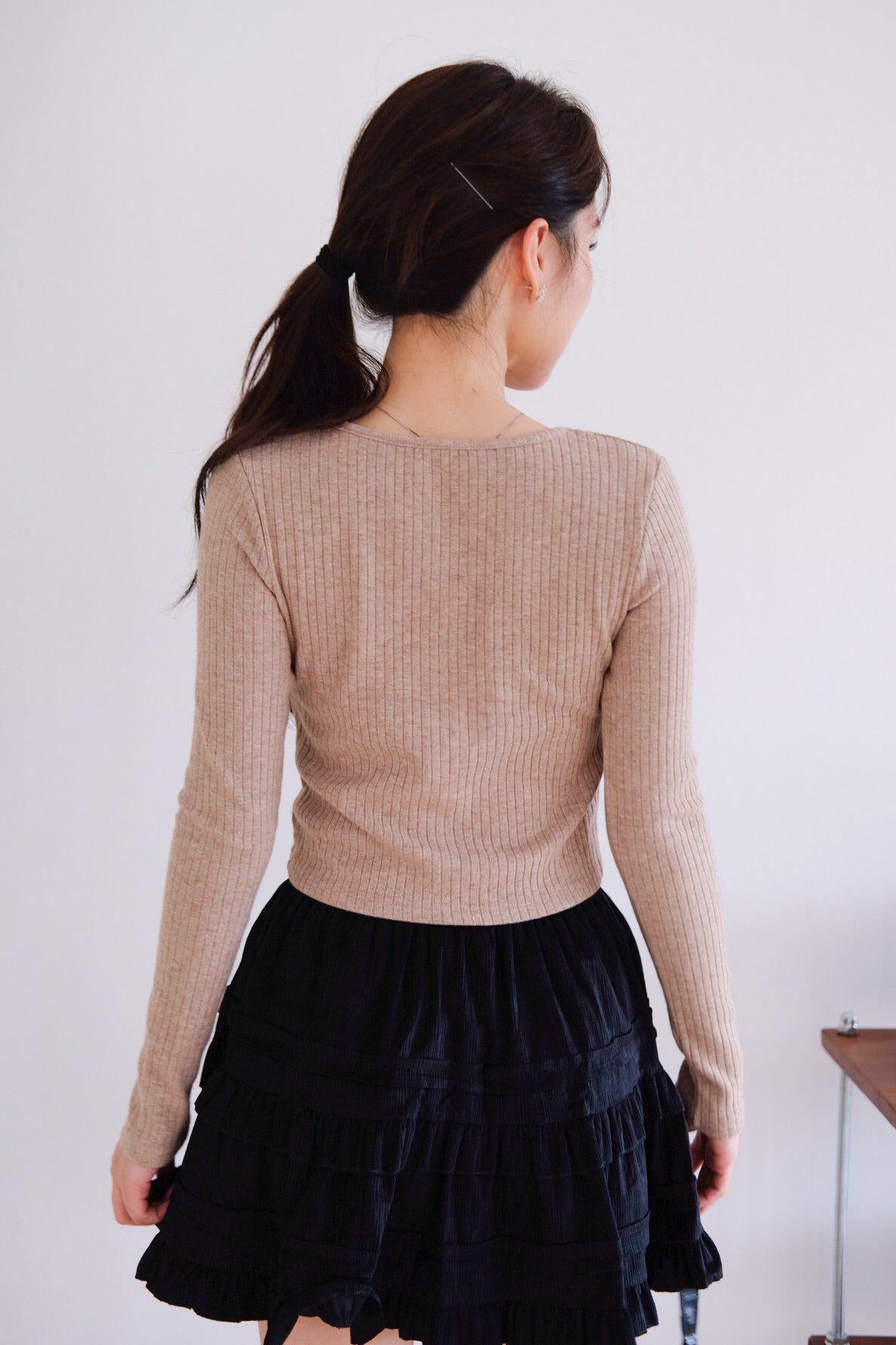 Coco Ribbon Long Sleeve Knit Top (Light Brown)