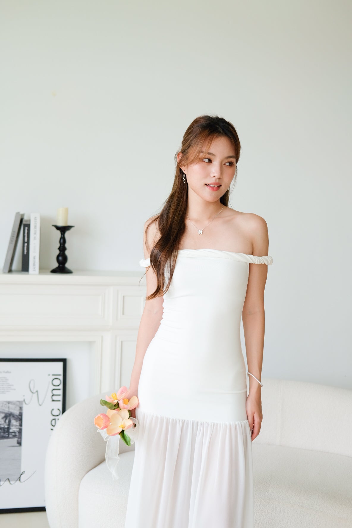 Kim Twist Off Shoulder Bodycon Maxi Dress (White)