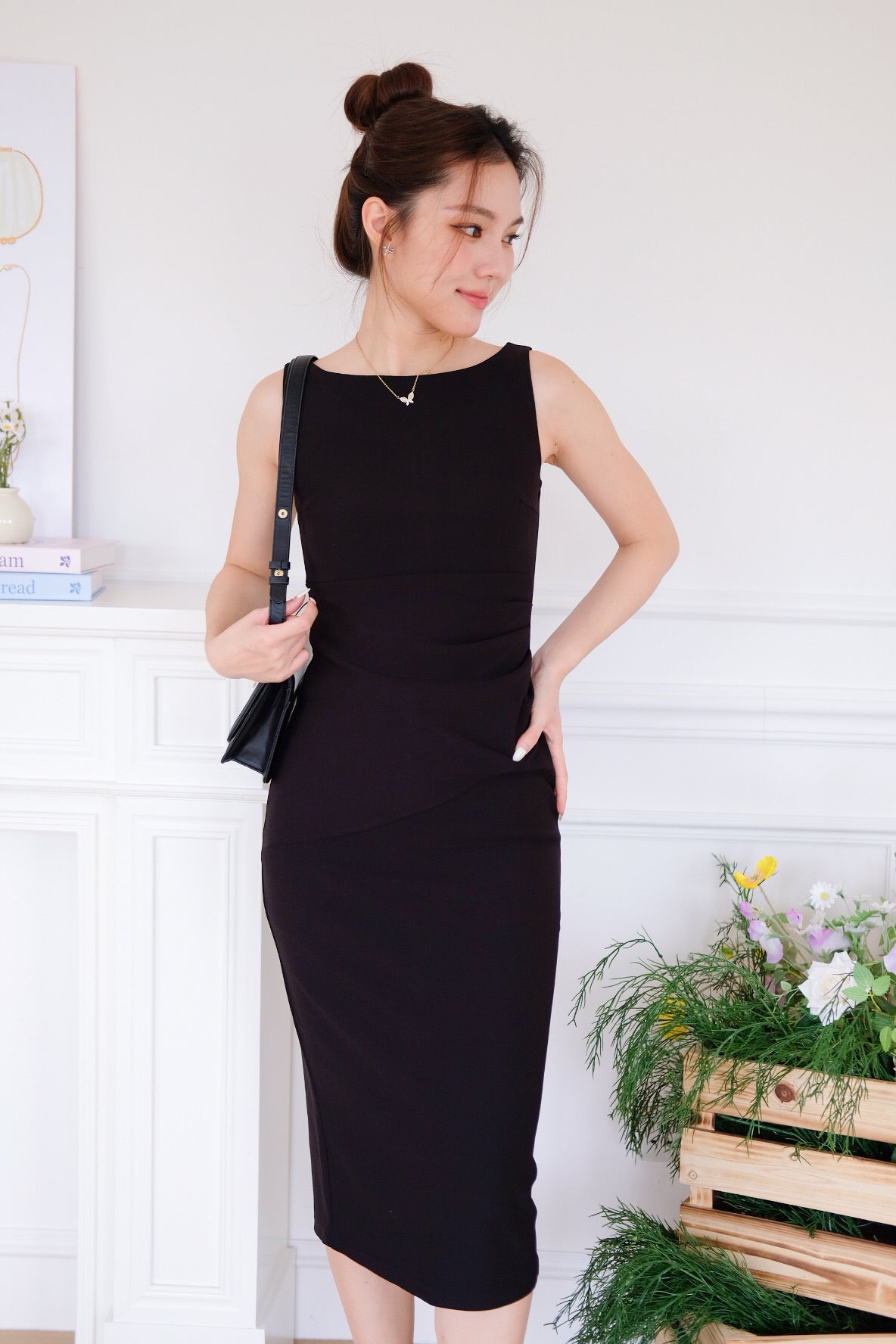 Felicia Boatneck Ruched Maxi Dress (Black)